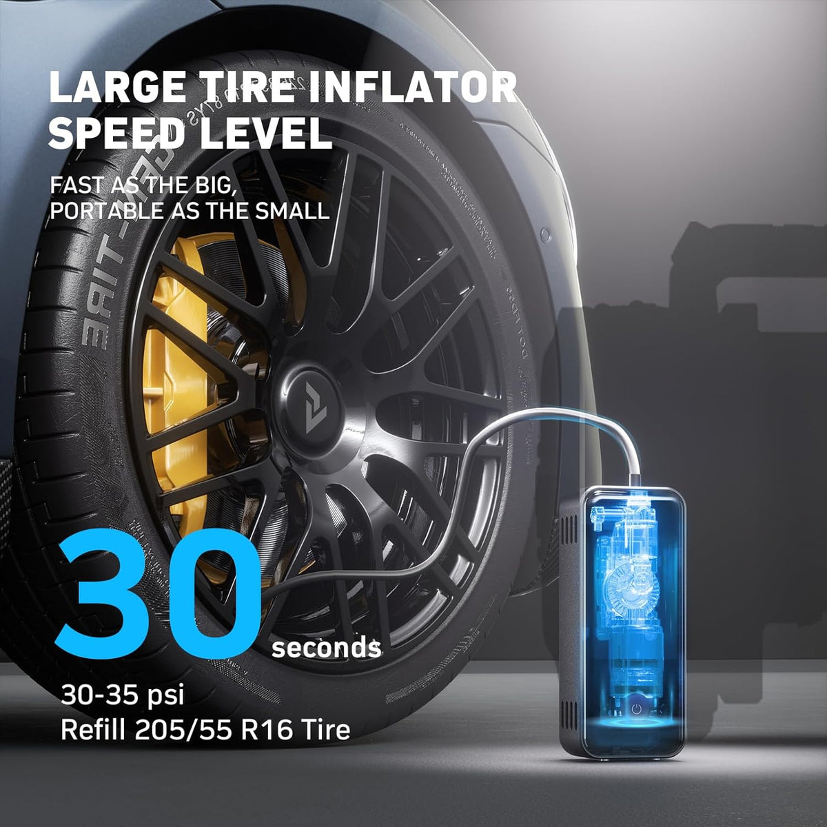 MotorX Tire Inflator Portable Air Compressor 2nd Generation, Large Tire Inflator Speed Level 30 Seconds Fast Inflation Air Pump, 15000mAh Battery Capacity, 65W 5X Fast Charging, Deluxe Package.