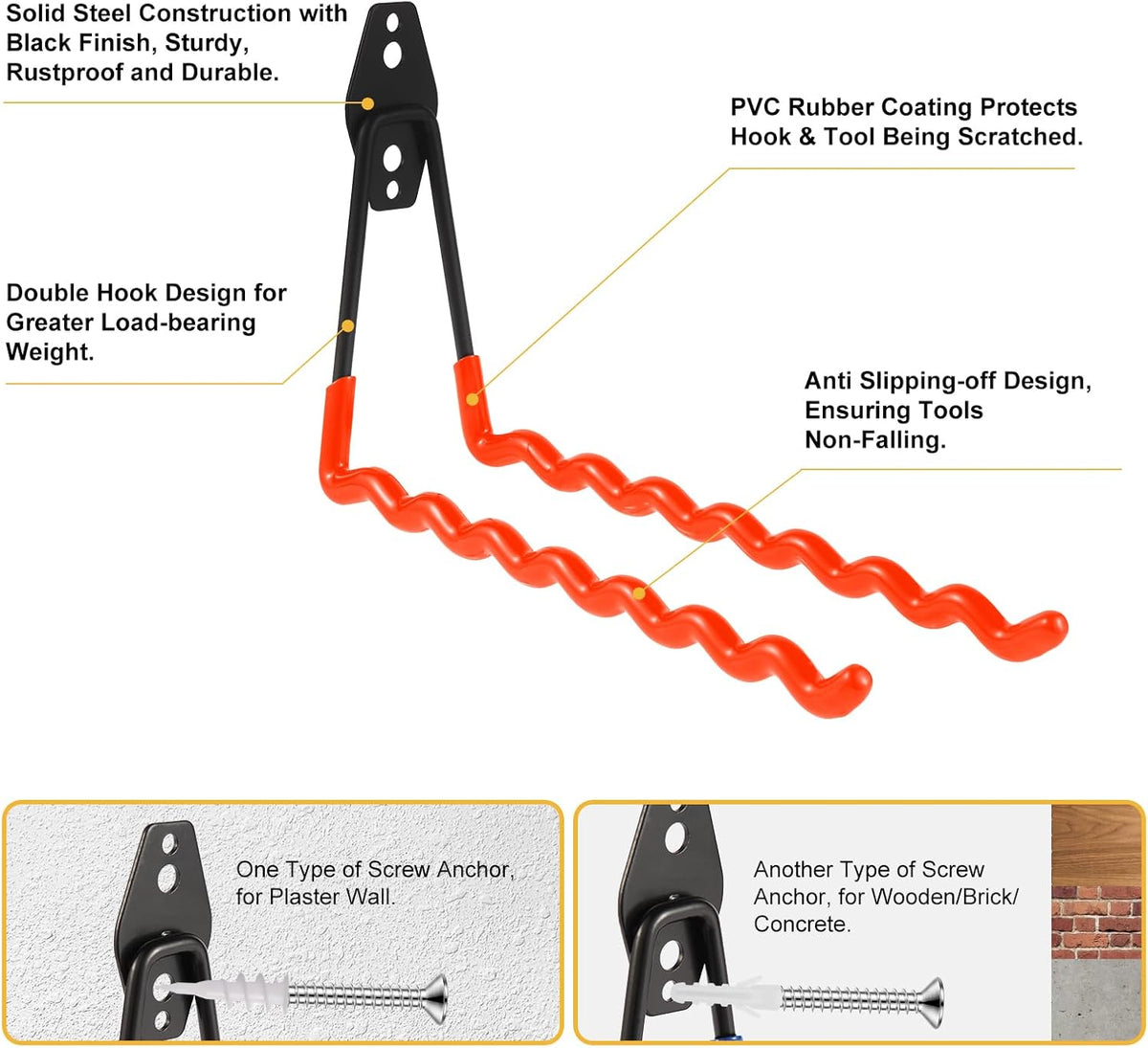 Wall Mounted Garage Hooks Tool Organizer, 10 Inch Garage Storage Hook Heavy Duty Utility Wall Hangers Orange for Ladders, Hose, Garden Tools, Set of 4