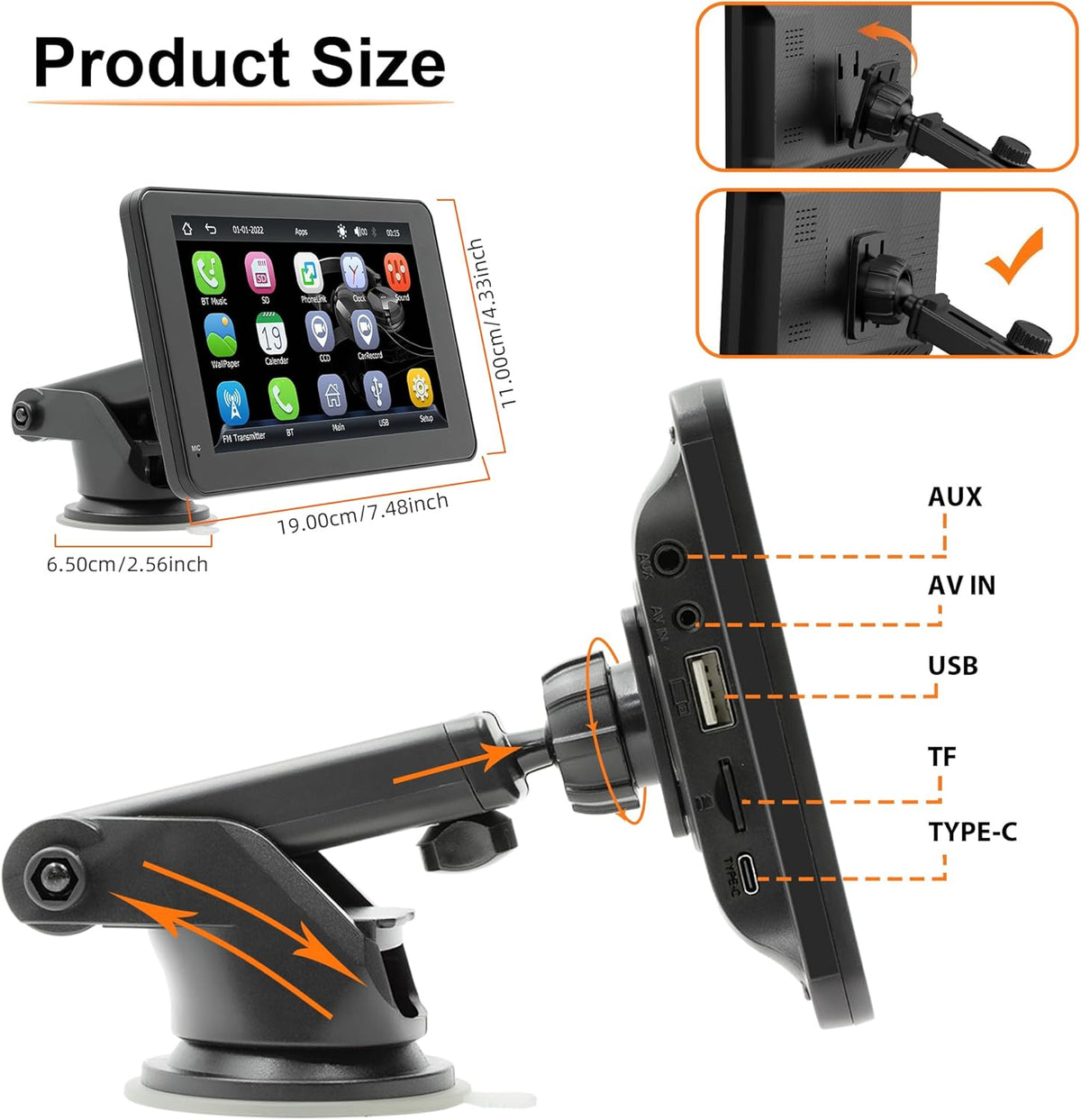 Portable Carplay Screen for Car, 7" HD Touchscreen Car Stereo with Wireless Android Auto, Car Audio Receivers with Backup Camera/GPS Navigation/Mirror Link/Voice Control/Bluetooth