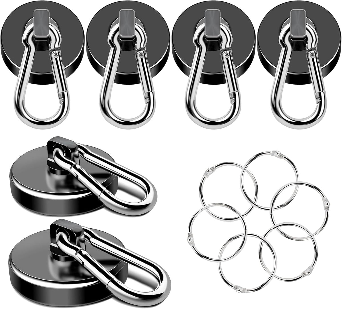MIKEDE Strong Magnetic Hooks Heavy Duty, 110LB+ Swivel Neodymium Magnets with Carabiner Hook Black, Magnets with Hooks for Hanging, Magnet Hooks for Curtain, Home, Workplace - 6 Pack