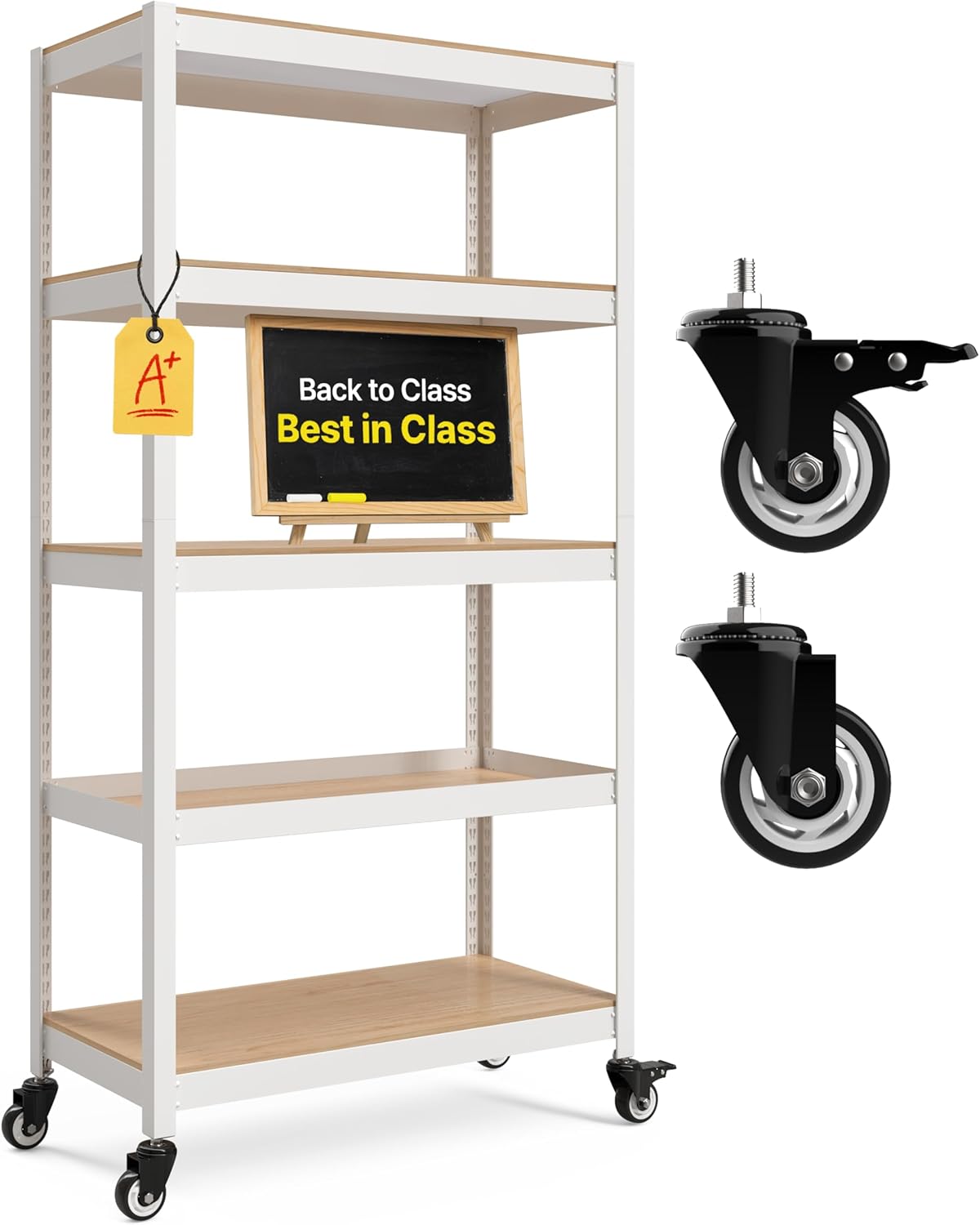 HOMEDANT House White 5-Tier Metal Rolling Cart Shelf Rack Casters Heavy Duty Wheel Shelving Unit Adjustable Utility Storage Shelves Organizer Shelf Kitchen Garage 36.2" W x 16.5" D x 69.5" H 1Pack
