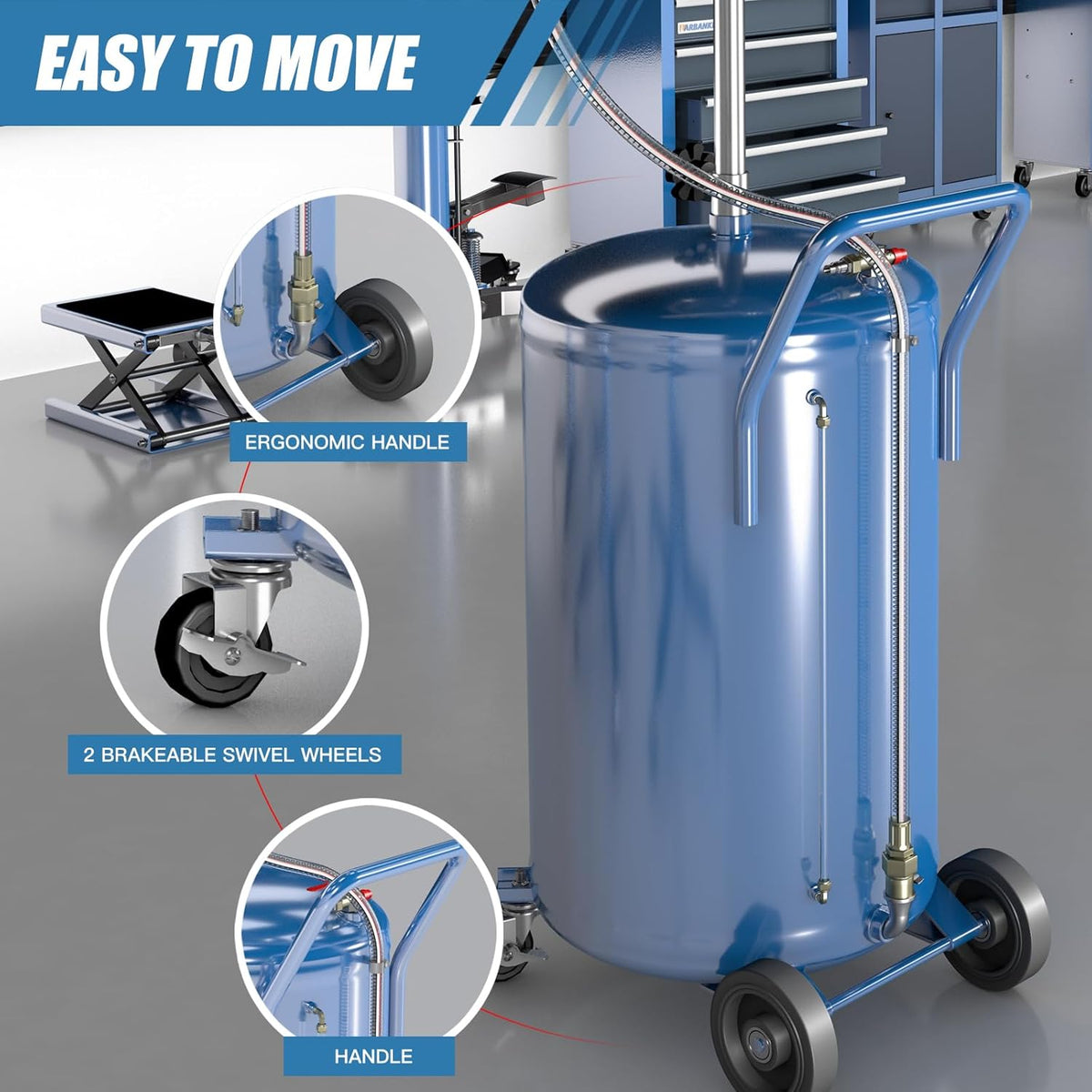 20 Gallon Waste Oil Drain Tank with Wheels,Air Operated Drainer Oil Change Tank,Oil Drain Container with Adjustable Funnel Height,for Easy Oil Removal,Blue