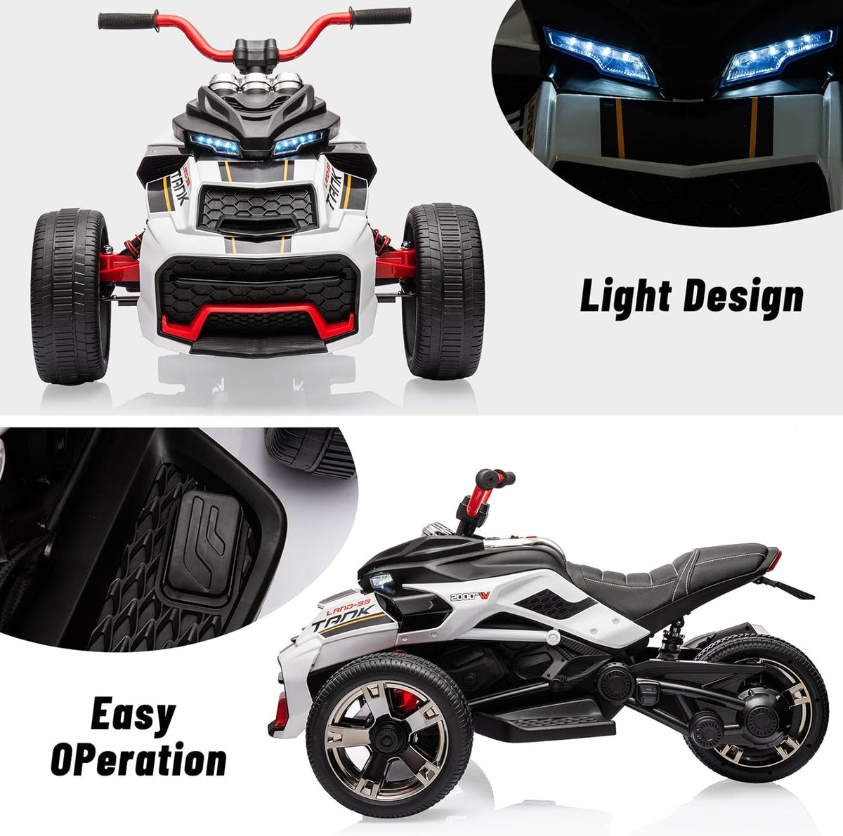12V Kids Electric Ride-On Car with Parent Remote Control, 7MPH, 2 Speeds, 2x55W Motor, LED Lights, Music, USB & EVA Tires, 3 Wheel Battery Powered Toy Vehicle for Toddlers (White1)