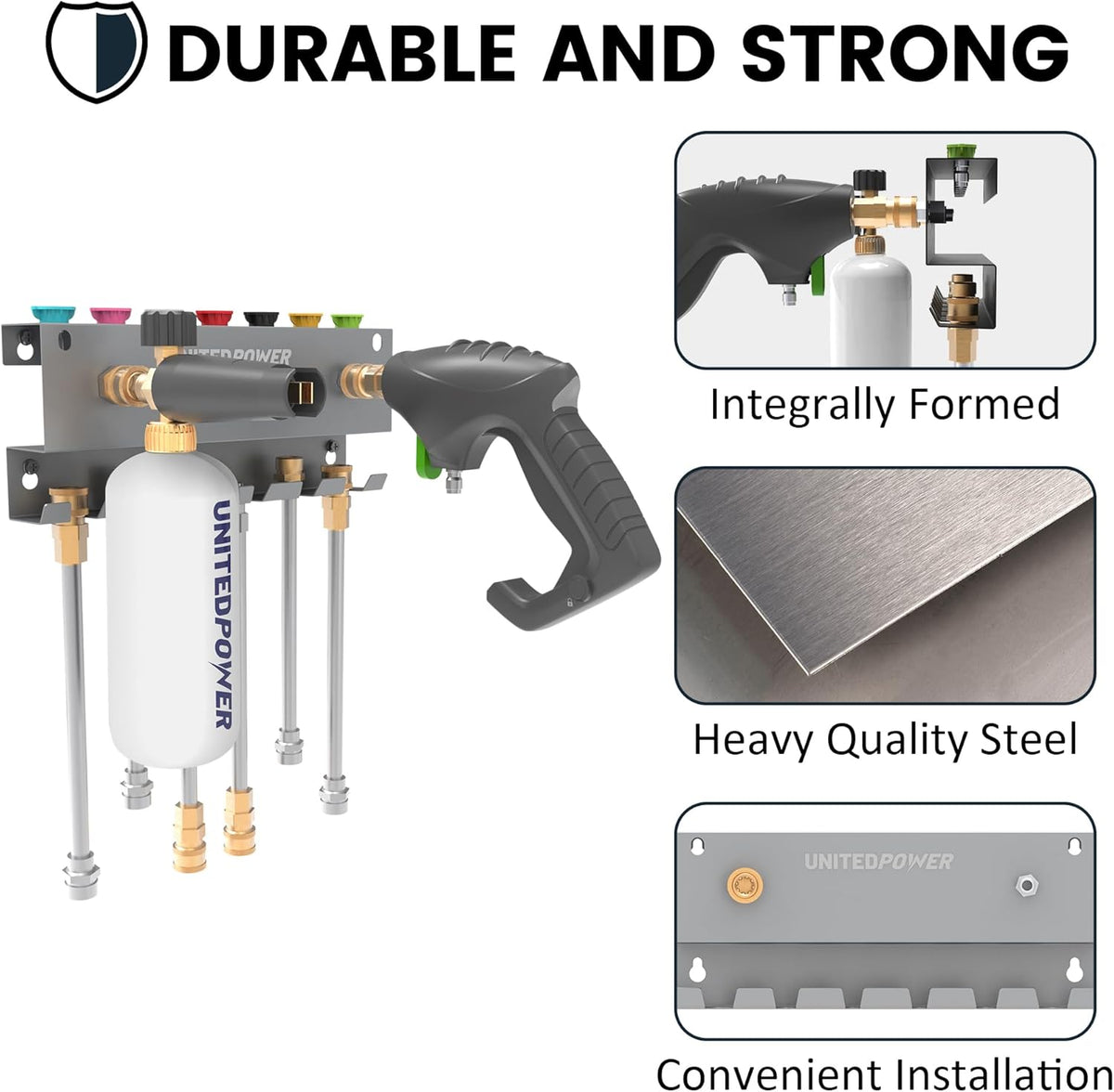 UNITEDPOWER Pressure Washer Gun Holder，Wall Mount Foam Cannon Holder，Tool Storage Rack for Pressure Washer Wand/Nozzle Tips, Car Wash Accessories Organizer, Silver
