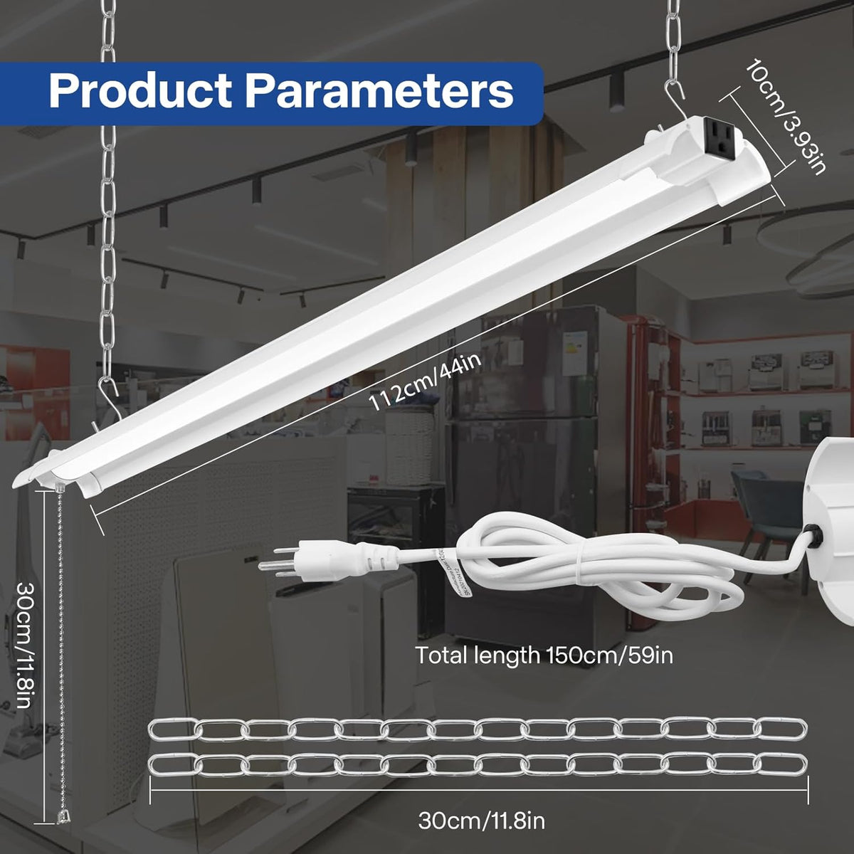 4-Pack 4ft Linkable Led Shop Light, Plug in Garage Lighting with Power Cord and Pull Chain, 7000lm Garage Ceiling Lights, Workshop Led Hanging Lights for Basements, Warehouses, ETL Listed