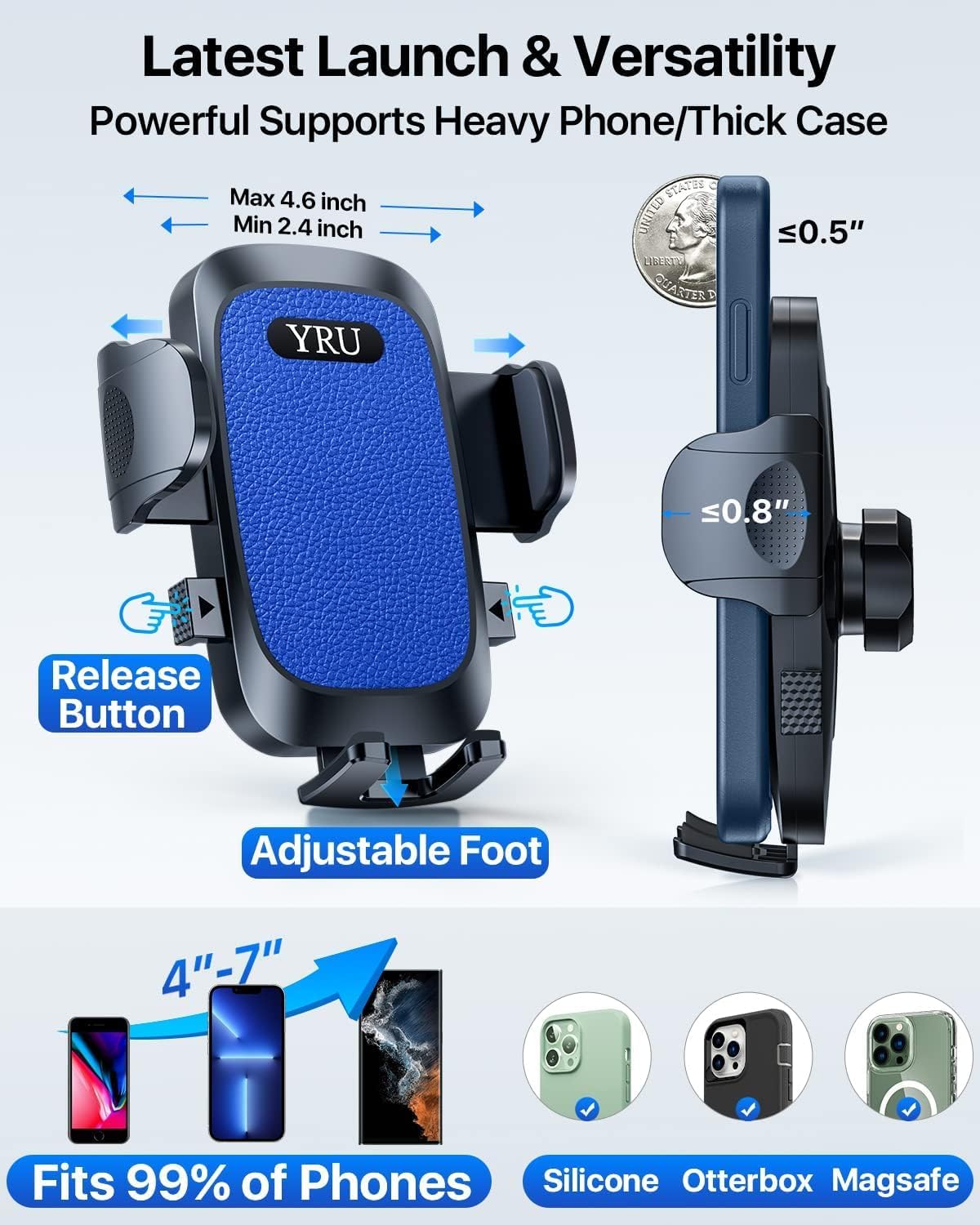 YRU [2025 Upgrade Extreme Strong Suction] Car Phone Holder Mount,[Bumpy Road Stable] Dashboard Cell Phone Holder for Car Vent Windshield Phone Stand for iPhone 16 15 14 13 Pro Max Samsung Truck, Blue
