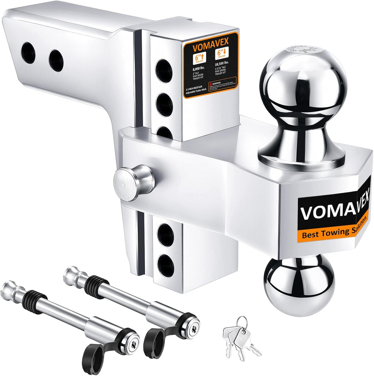 Adjustable Trailer Hitch-Drop Hitch Fits 2.5-Inch Receiver -6" Drop/Rise Tow Hitch with 2" and 2-5/16" Tow Balls-18,500GTW with Double Anti-Theft Pins Locks (Silver)