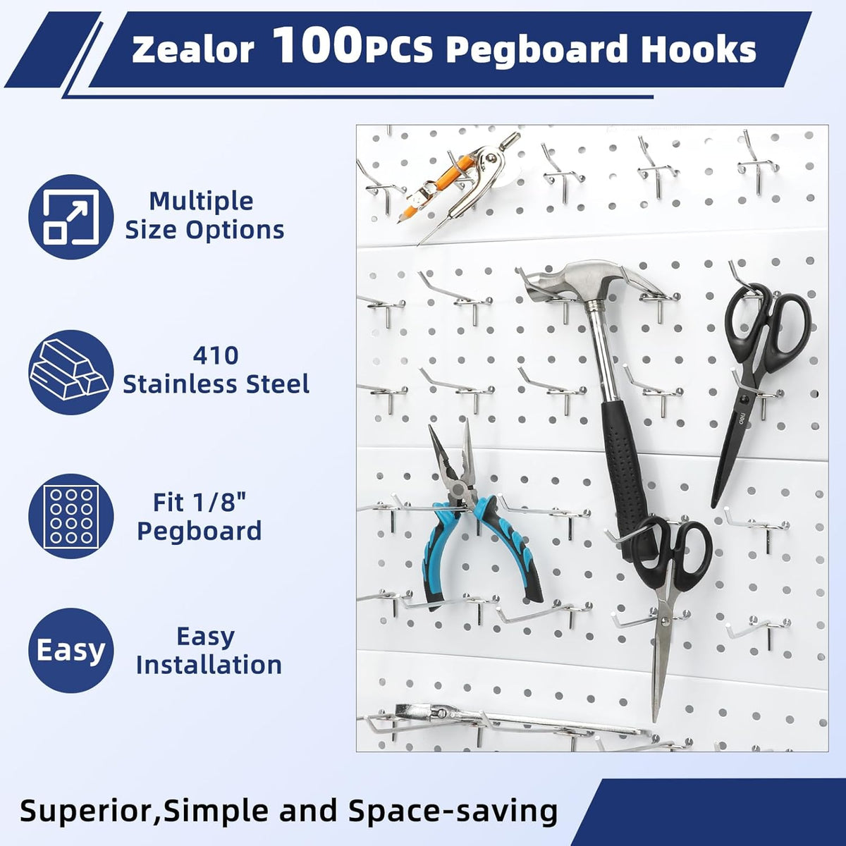 100 Pack Pegboard Hooks Set, 4 Inch Stainless Steel Pegboard Hooks Bulk Fit 1/8" Pegboard for Wall Shelving Display Hanging Tools Accessories Hanging Holders for Storage Craft Room Kitchen Store