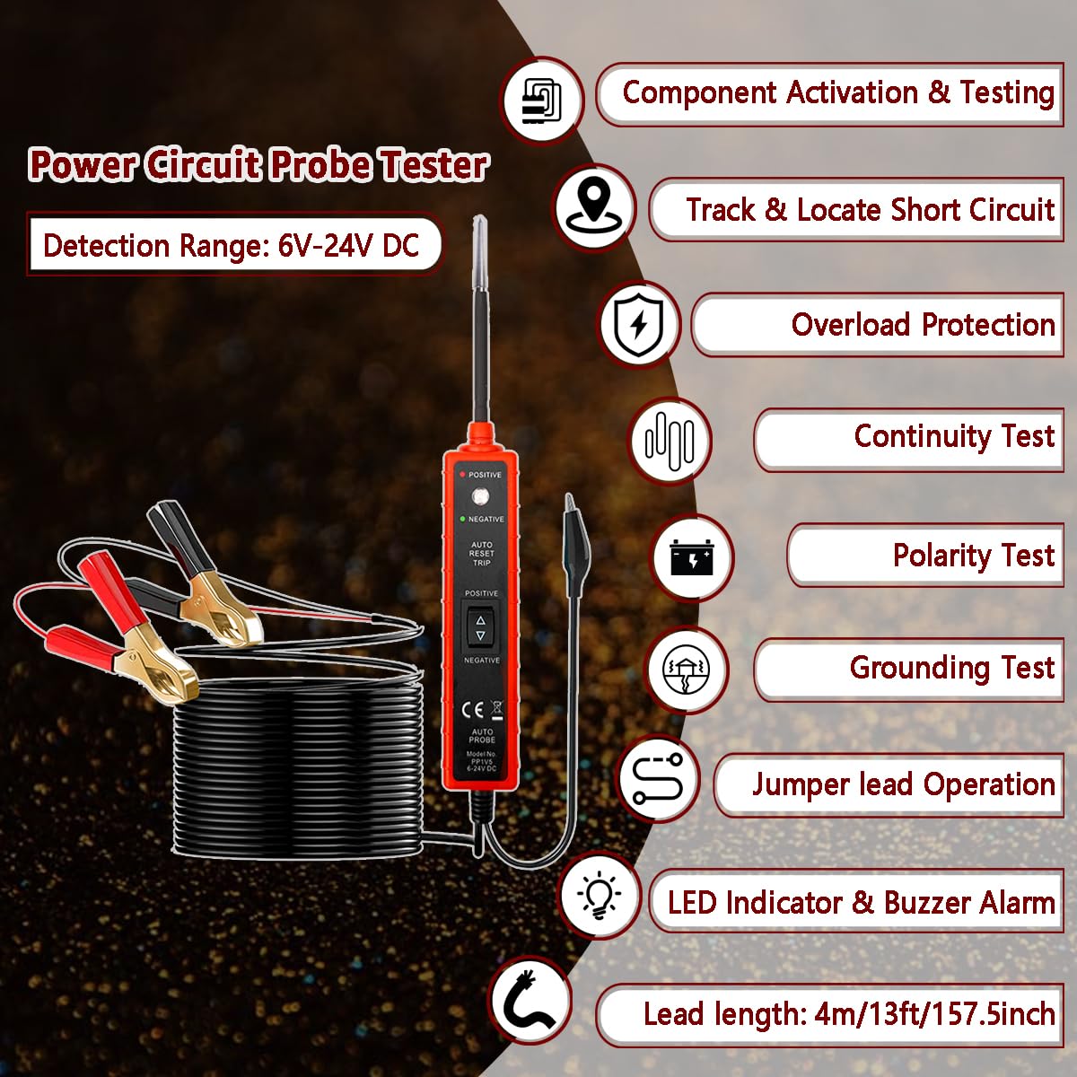 Power Circuit Probe Tester, 6V-24V DC Test Light, Automotive Short Circuit Located and Component Activated, 12V Auto Electrical Tester, Polarity Identify with LED Light, Overload Protection
