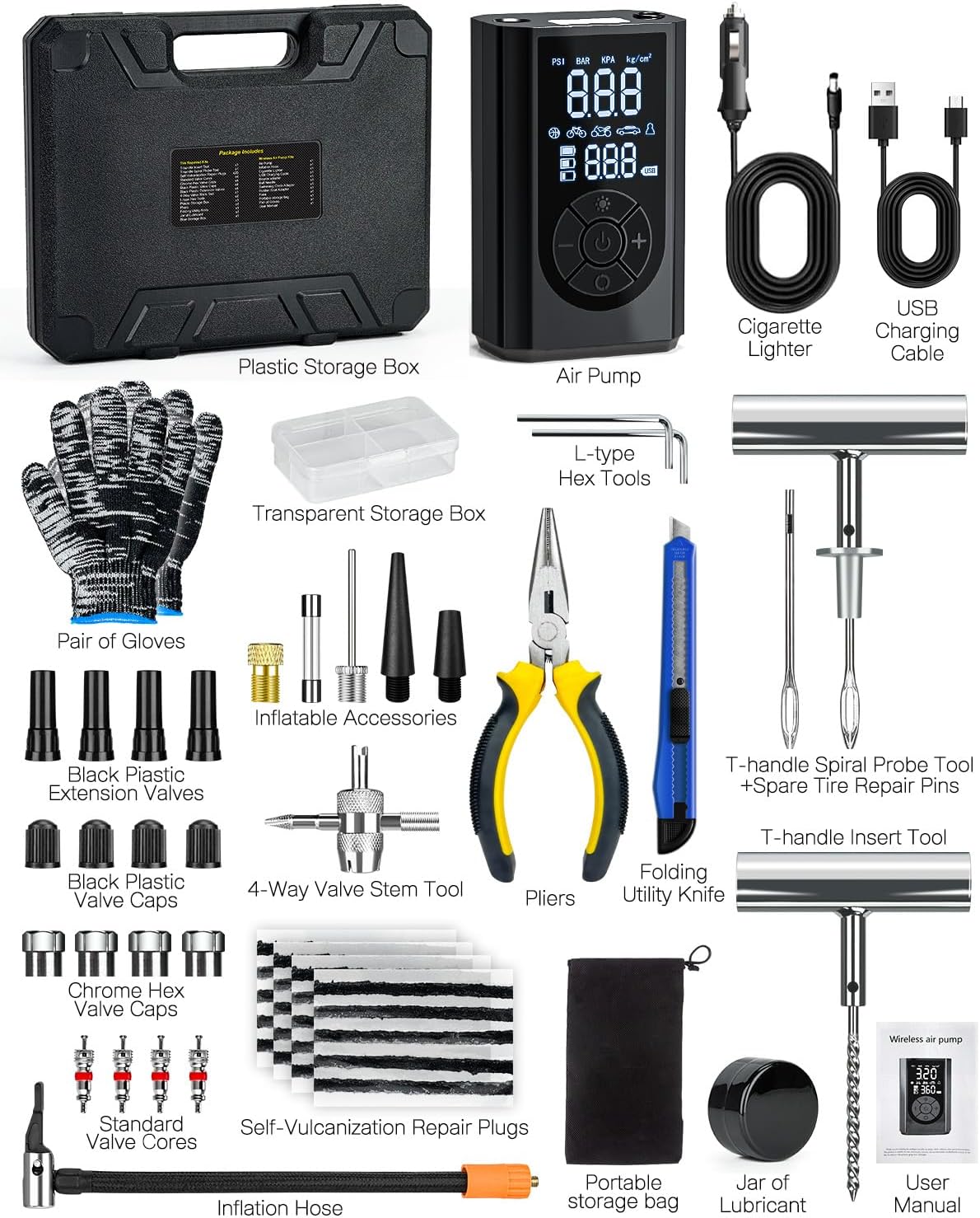 Tire Repair Kit with Portable Air Compressor, Tire Plug Kit 58PCS with Cordless Tire Inflator (150 PSI) for Car, Motorcycle, Tractor, Truck, Ball