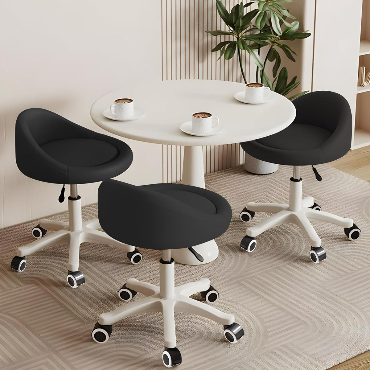 Rolling Stool Set of 3 Rolling Hydraulic Salon Stool with Low Backrest - Adjustable Swivel Chair for SPA, Shop, Salon, Massage, or Medical Office Black