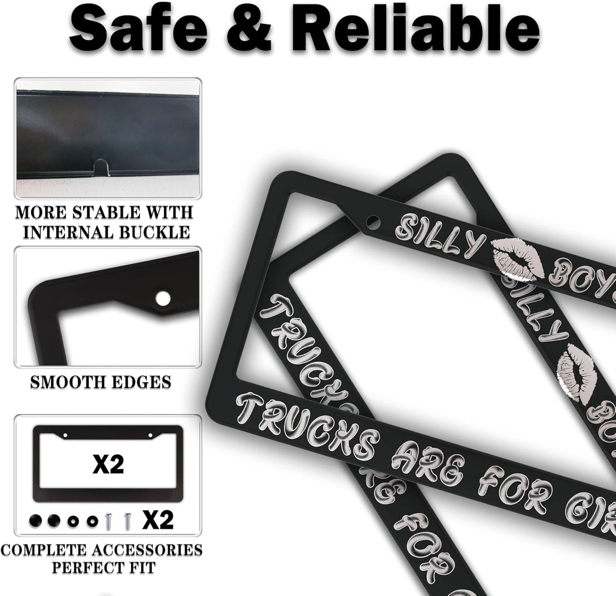 License Plate Frame Black and White License Plate Protector Silly Boys Trucks are for Girls Universal Aluminum Car Accessory 2 Pack with Screw Covers Set