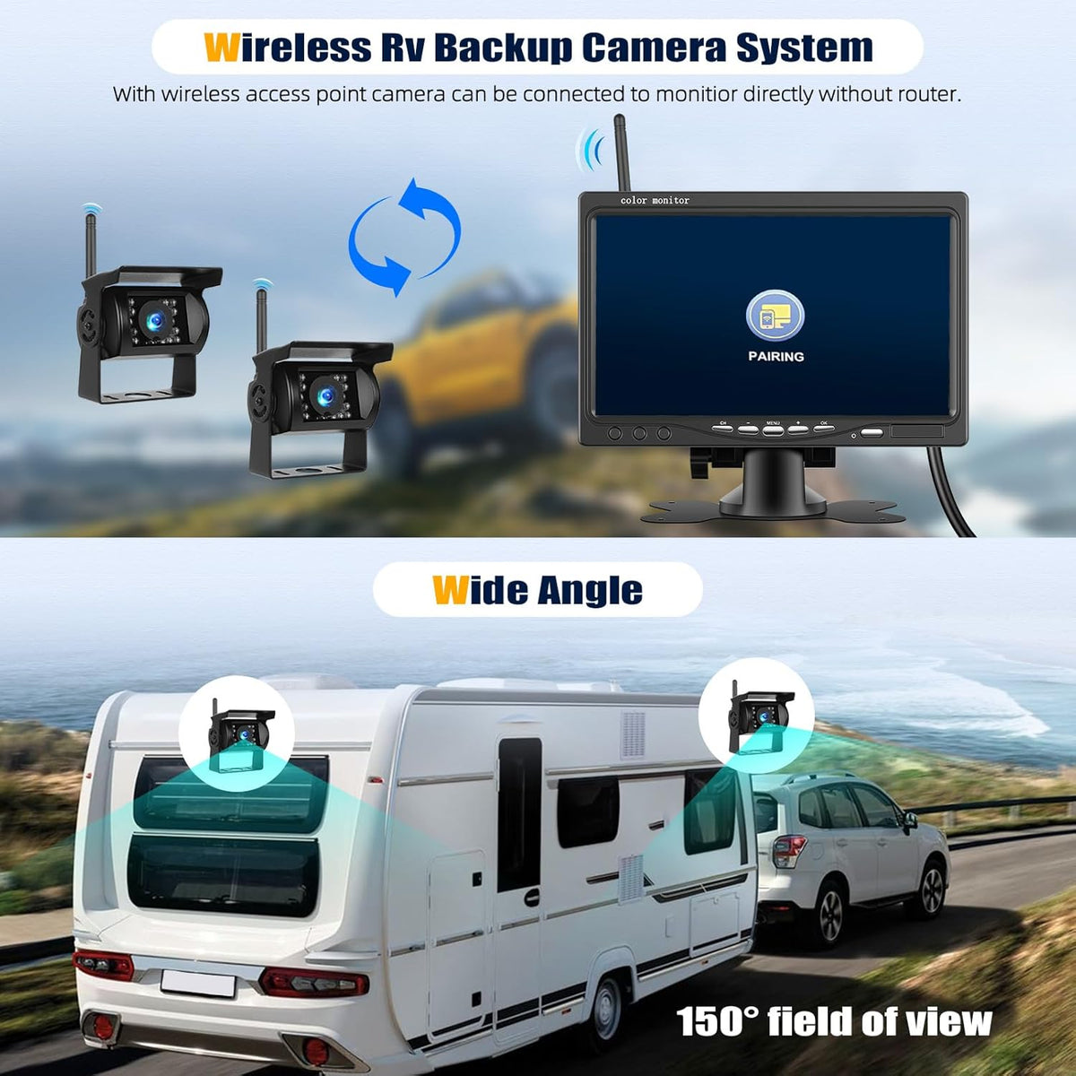 Wireless Vehicle Backup Camera System,7 Inch Reverse Camera Monitor for 2 Backup Cameras with IP69 Waterproof Night Vision Backup Camera Front Rear View Camera for Truck/RV/Van/SUV/Pickup