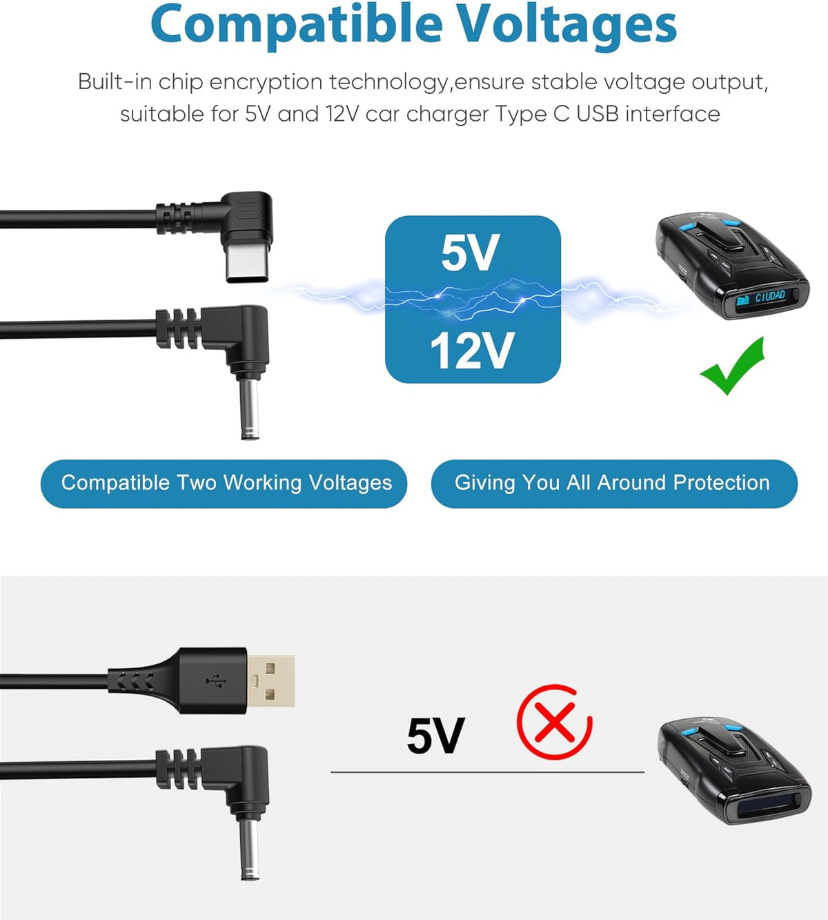 Radar Detector Cord, Type C to DC3.5 Plug Cable,for Cobr Whistler Escort Valentine One Uniden Beltronics Radar Detector,Replacement Power Cable for Radar Detectors