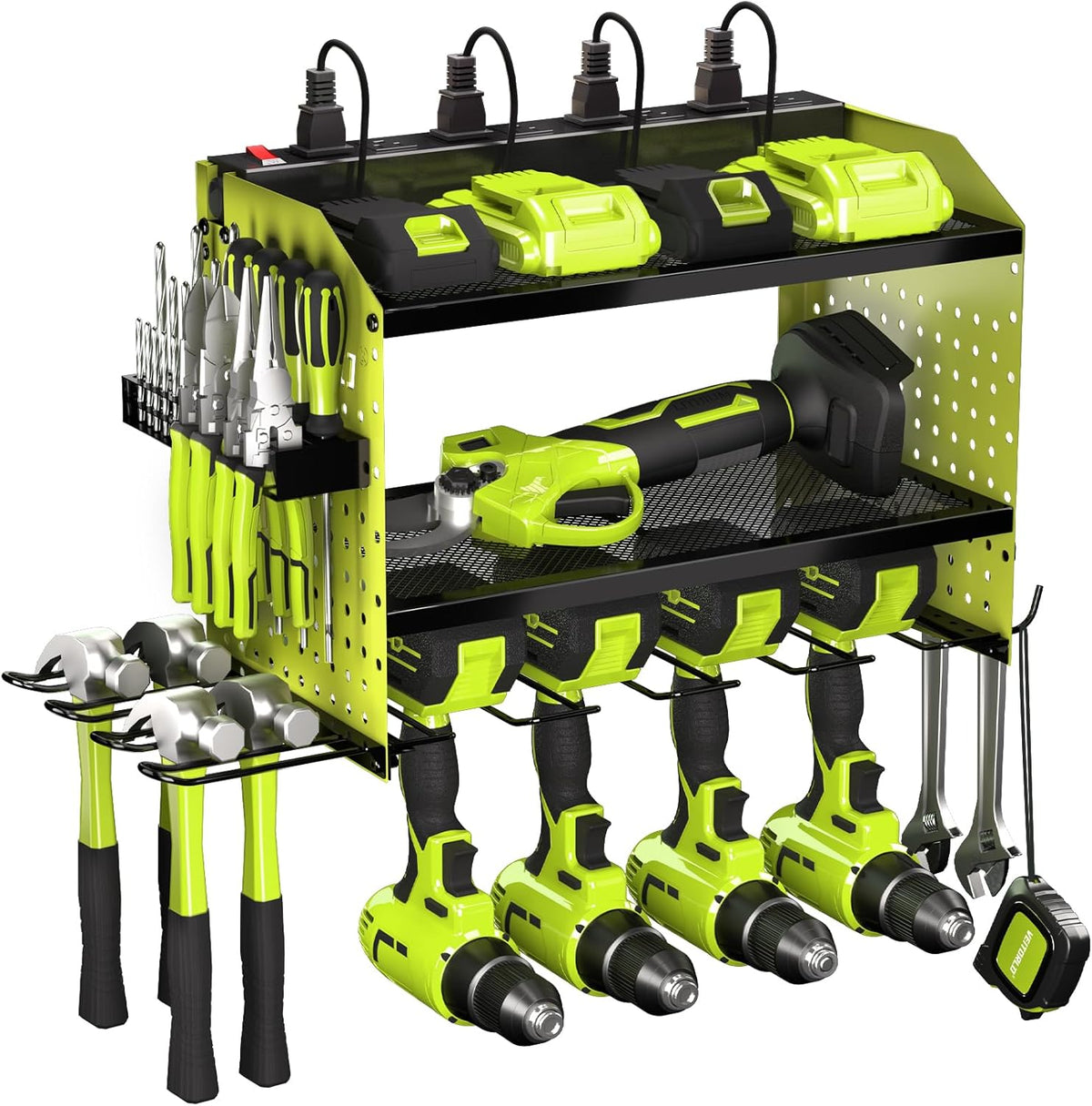 Veitorld Power Tool Organizer with Charging Station, Heavy Duty Modular Wall Mount Rack for Garage - 4 Drill Holders, Tool Storage Organizer, Christmas Birthday Gifts for Men Him Dad Husband