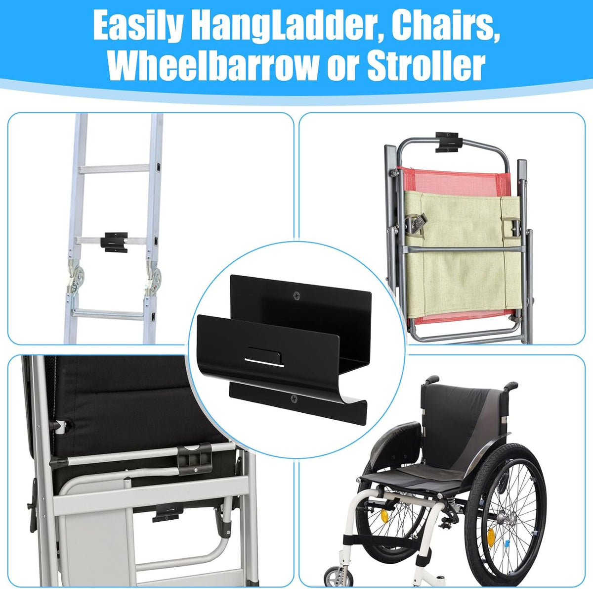 Heavy Duty Ladder Hooks for Garage Wall 4 Pack Black Ladder Hanger Garage Wall Hooks for Ladder, Wheelbarrow, and Tools