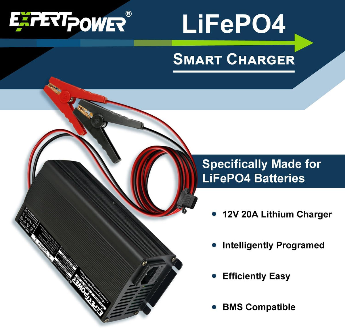 ExpertPower 12V 20A Smart Charger for Lithium LiFePO4 Deep Cycle Rechargeable Batteries