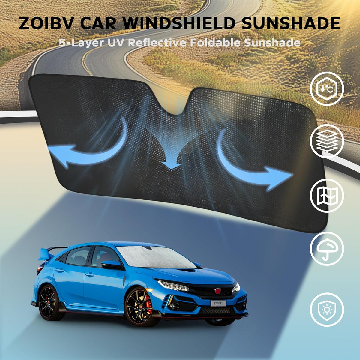 Windshield Sun Shade for Honda Civic 2016-2021 - 5-Layer Bubble Foldable Front Window Shade Sun Visor Accessories - Blocks Heat & UV Rays