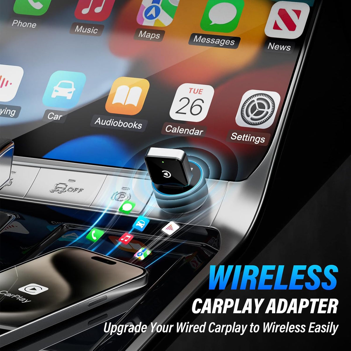 Wireless CarPlay Adapter for Apple iPhone, Converts Wired to CarPlay Wireless Adapter, Plug & Play, Easy Use, Fast Stable Connection, for Apple iPhone iOS 10+ and Cars