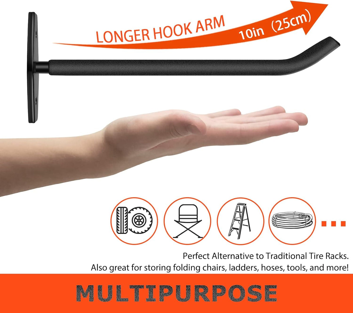 Tire Rack Wall Mount, 10 Inch Large Garage Hooks Heavy Duty Storage, Ladder Hooks for Hanging, Garage Organizer for Wheel Holder, Folding Chairs, Power Tool, Bulk Items (88lbs 4-Pack)