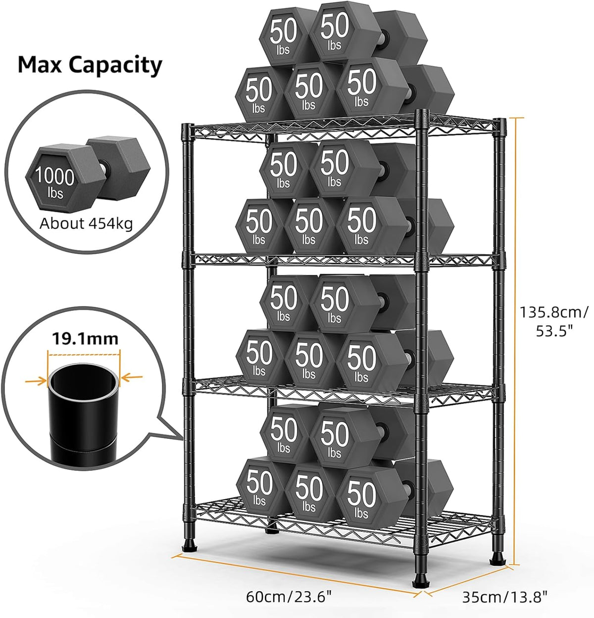 1000 lbs Storage Shelving Steel Heavy Duty 4-Tier Utility Shelving Unit Steel Organizer Wire Rack for Home,Kitchen,Office,Black (13.7" D x 23.6" W x 53.4" H)