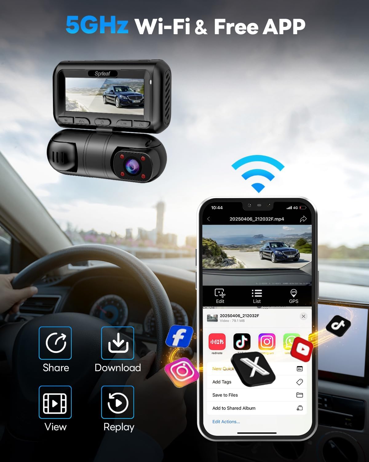 SPRLEAF 4 Channel Dash Cam with Front Cabin Rear Cabin Cameras, 360 Degree View Dash Camera for Cars, Built-in GPS, 5GHz WiFi, IR Night Vision, 24H Parking Monitor, G-Sensor, Free 128GB Card, 1080P*4