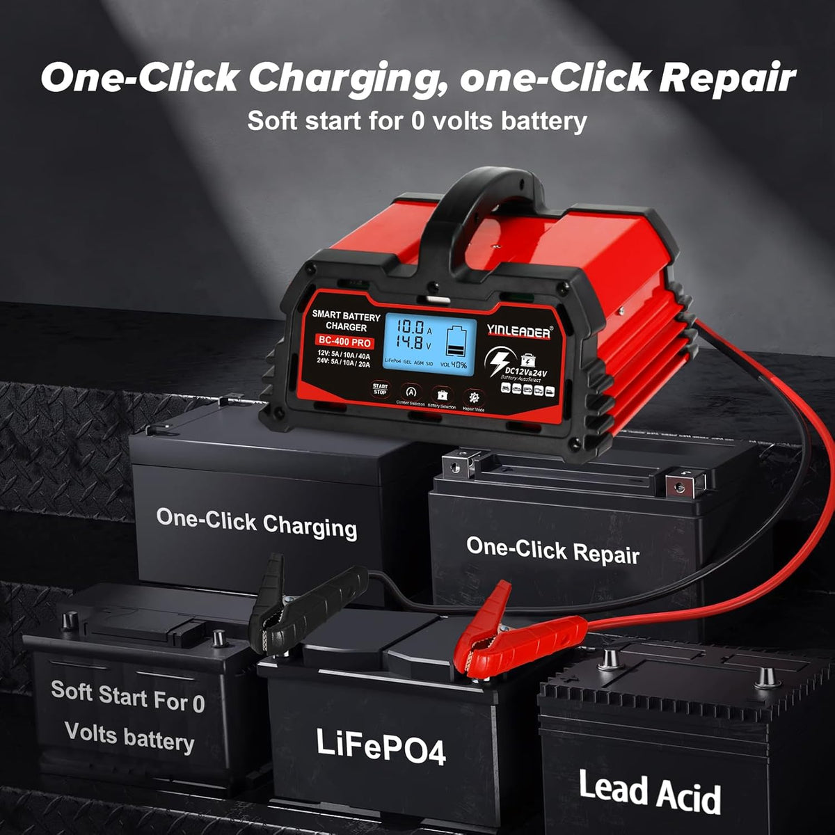 Battery Charger 40A, 12V/24V Lead Acid Smart Battery Charger, 12V LiFePO4 Car Battery Trickle Charger, Automatic Battery Maintainer for Car Motorcycle Lawn Mower Marine Boat Lead Acid Batteries