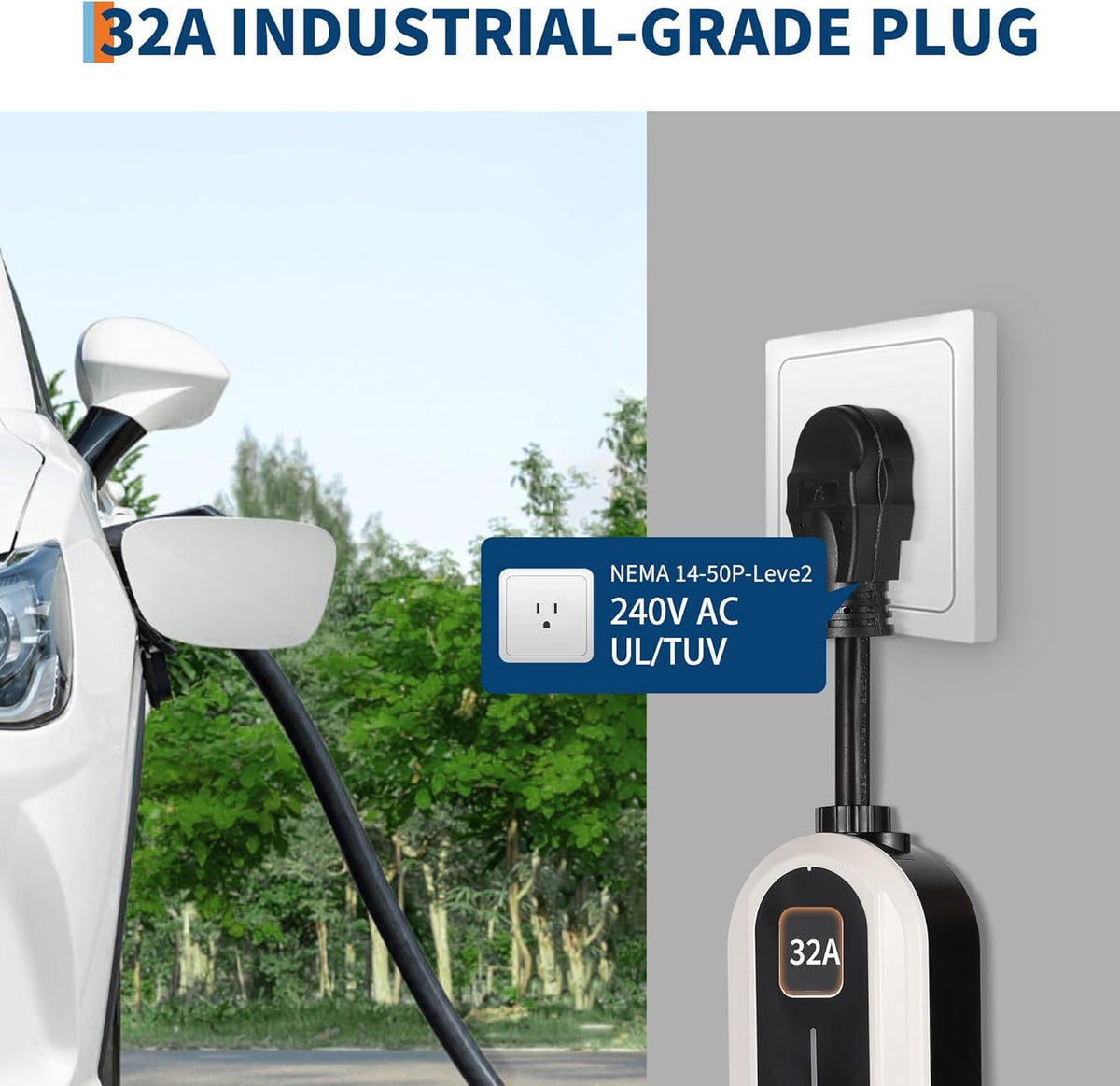 Level 2 EV Charger, 32A 240V Voltage, NEMA 14-50 Plug, 25ft Cable, Adjustable Current/Delay Timer, SAE J1772 Listed Portable Electric Car Charger for Indoor/Outdoor Use