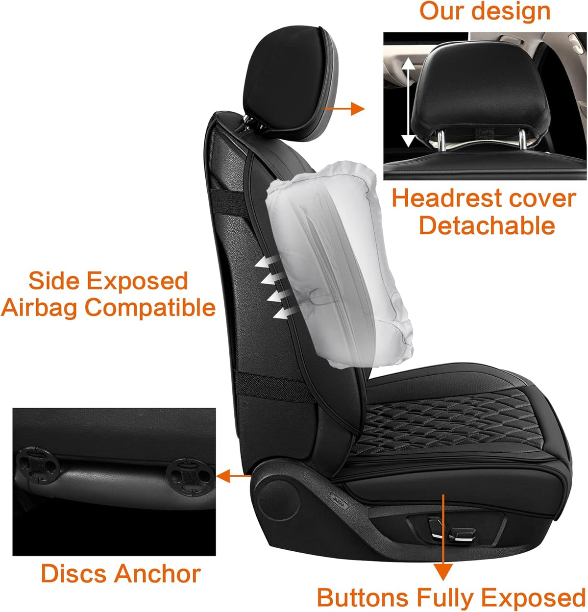 Pariitadin Leather Car Seat Covers Front Pair, Waterproof Breathable Faux Leather Automotive Seat Covers for Cars, Non-Slip Car Interior Covers Universal Fit Most Cars Sedans Trucks SUVs, Black