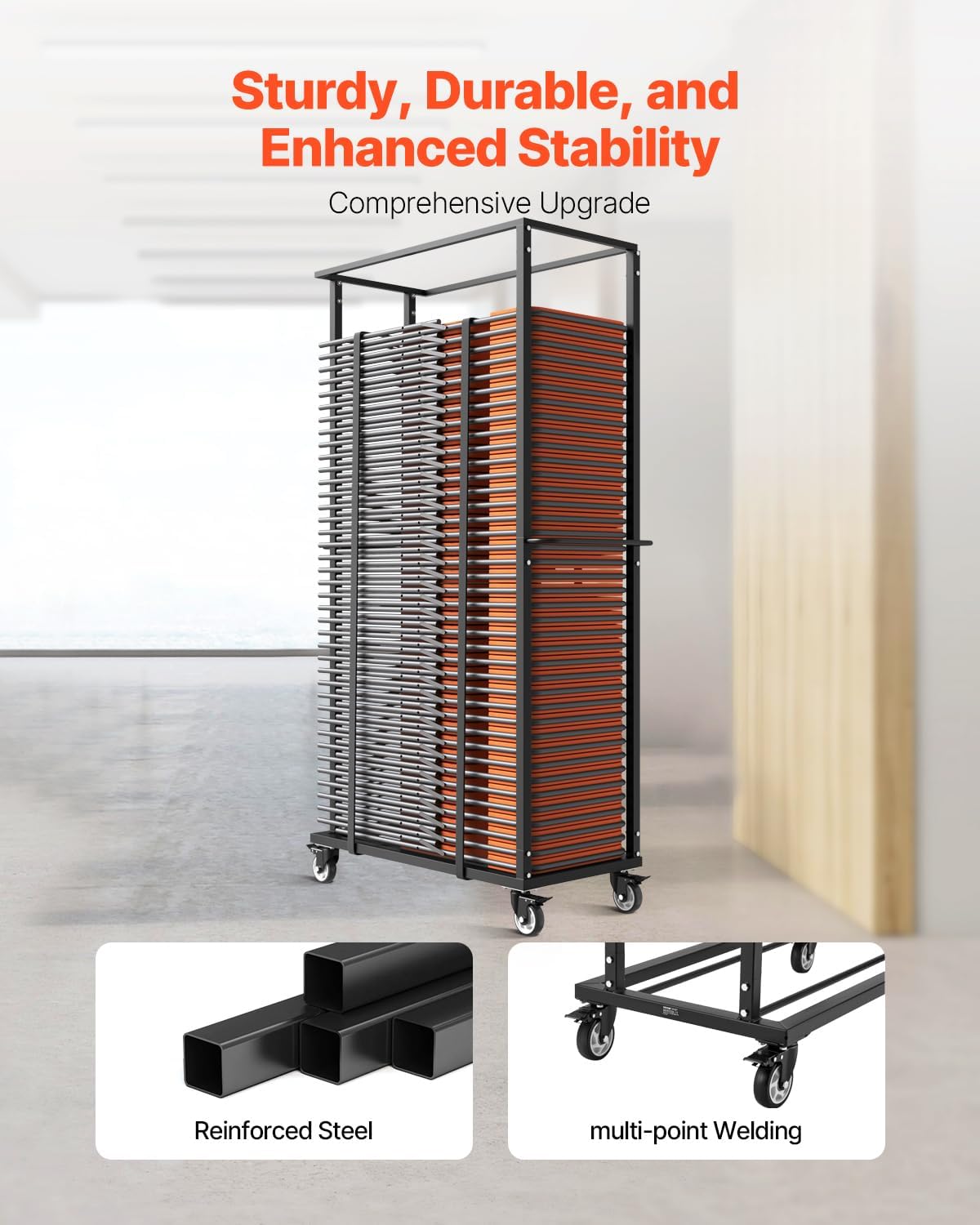 VEVOR Folding Chair Rack, 500 LBS Capacity, Heavy-Duty Chair Cart for 60 Chairs, Metal Chair Storage Dolly Chair Holder with Swivel Casters and Locking Wheels, for Party Event,Hotel,Matte Black