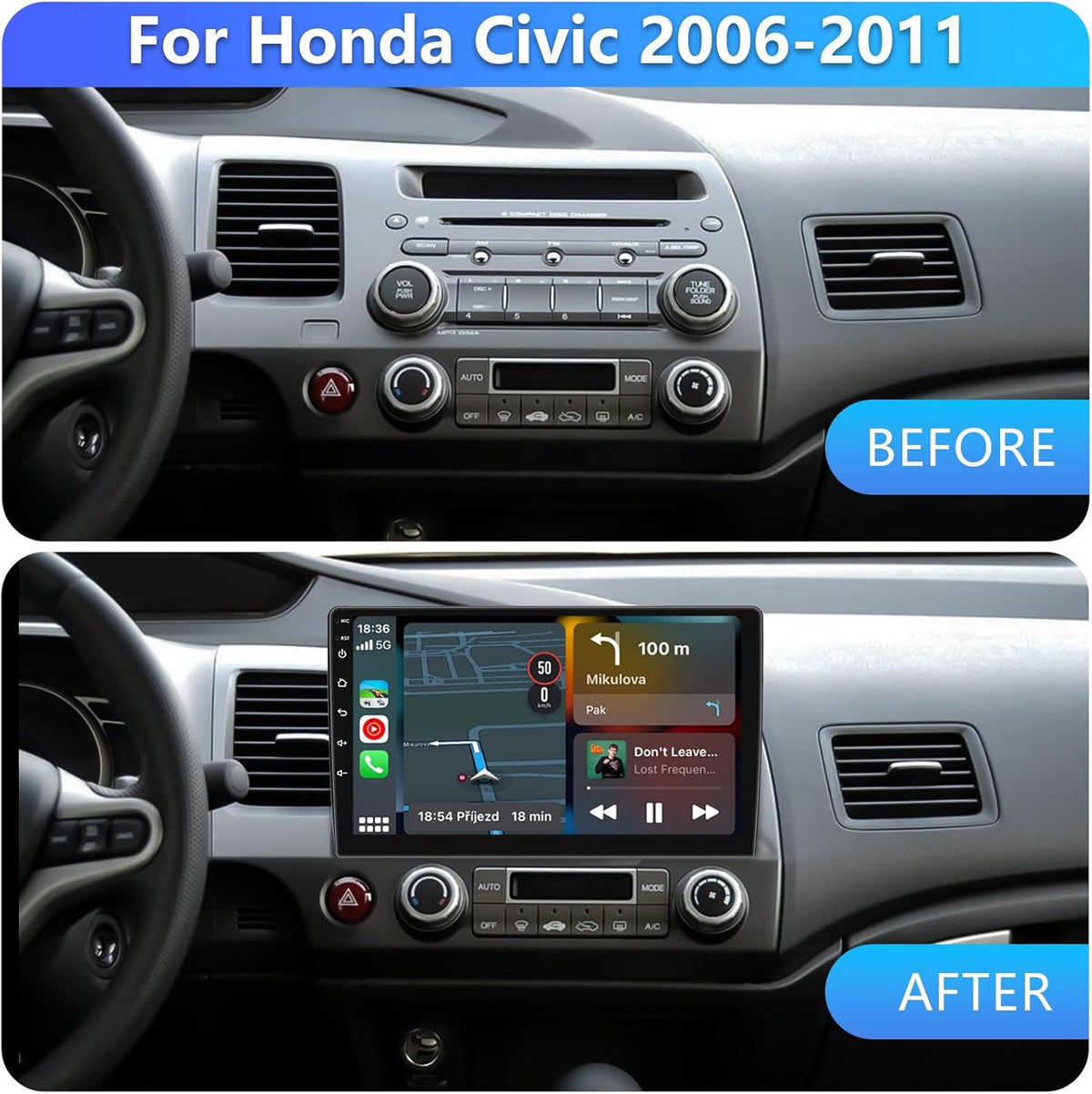 4G+64G Android 13 Car Radio for Honda Civic 2006-2011 with Wireless Carplay Android Auto GPS Navigation 10.1 Inch IPS Touch Screen Head Unit, Support Steering Wheel Control, Mirrorlink, Backup Camera