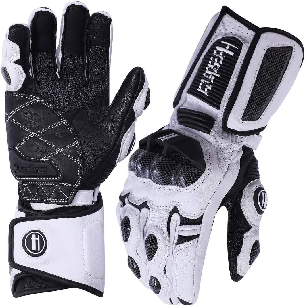 Harssidanzar Leather Motorcycle Gloves for Men and Women,Powersports Carbon Fiber Knuckle Protection Motorbike Gloves KM045