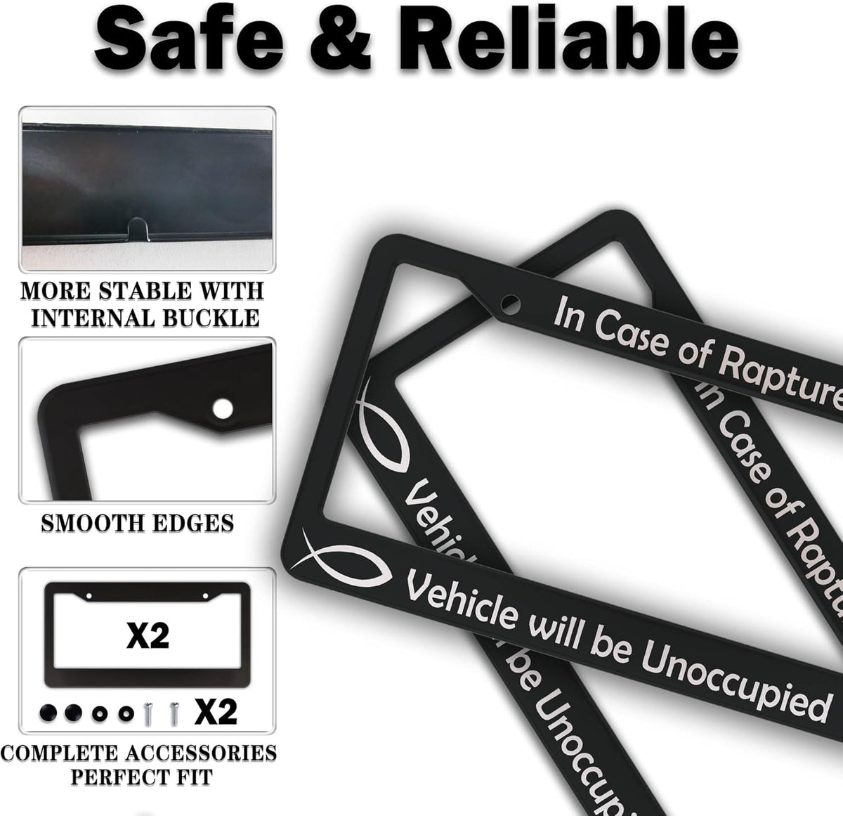 License Plate Frames Black and White License Plate Frame in Case of Rapture Vehicle Will Be Unoccupied Aluminum Metal Car Accessory 2 Pack with Screw Covers Set