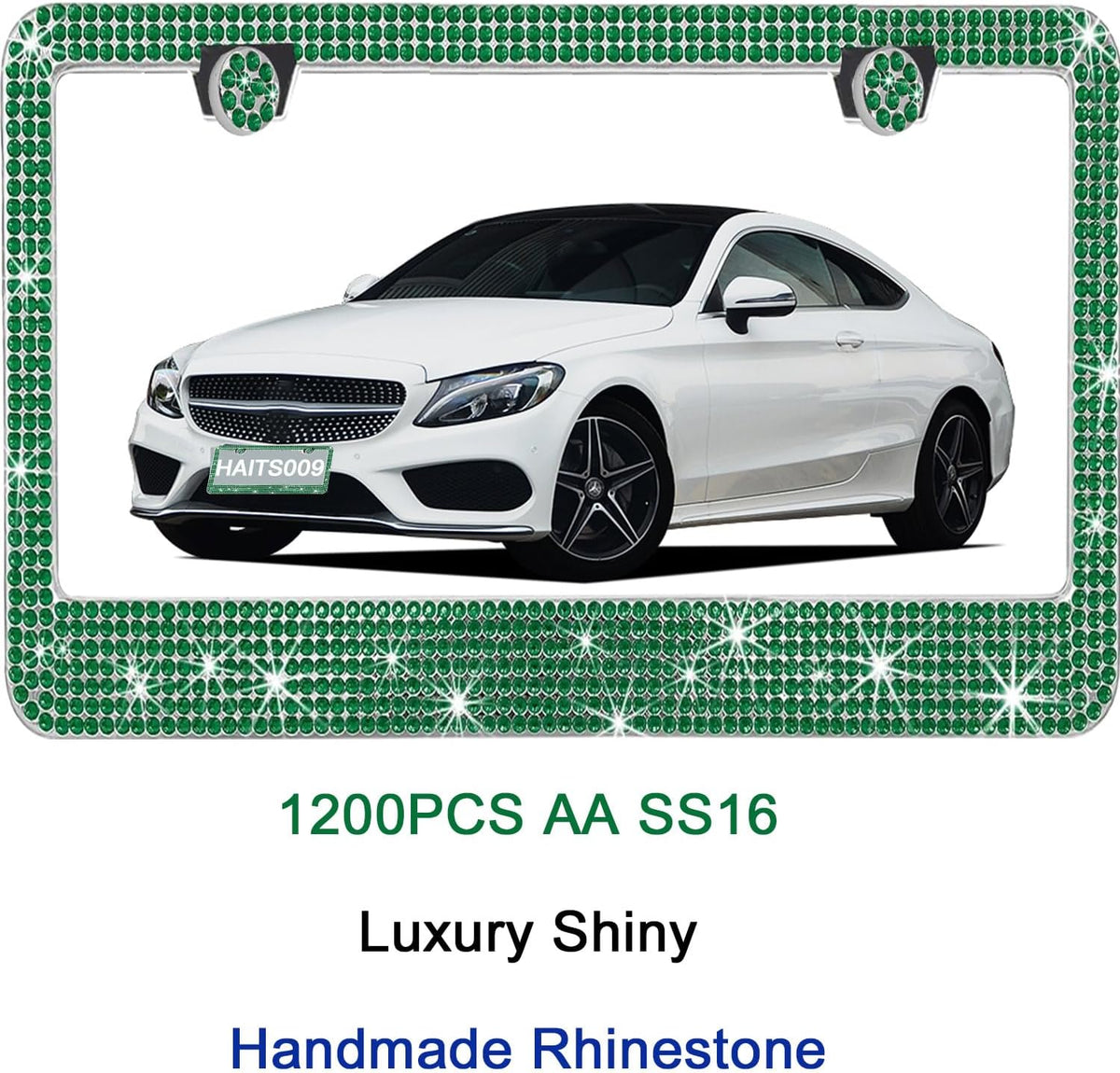 2 Pack License Plate Frames for Women, Sparkly Rhinestone Diamond Car Accessories with Glitter Crystal Caps (Green(2PCS))