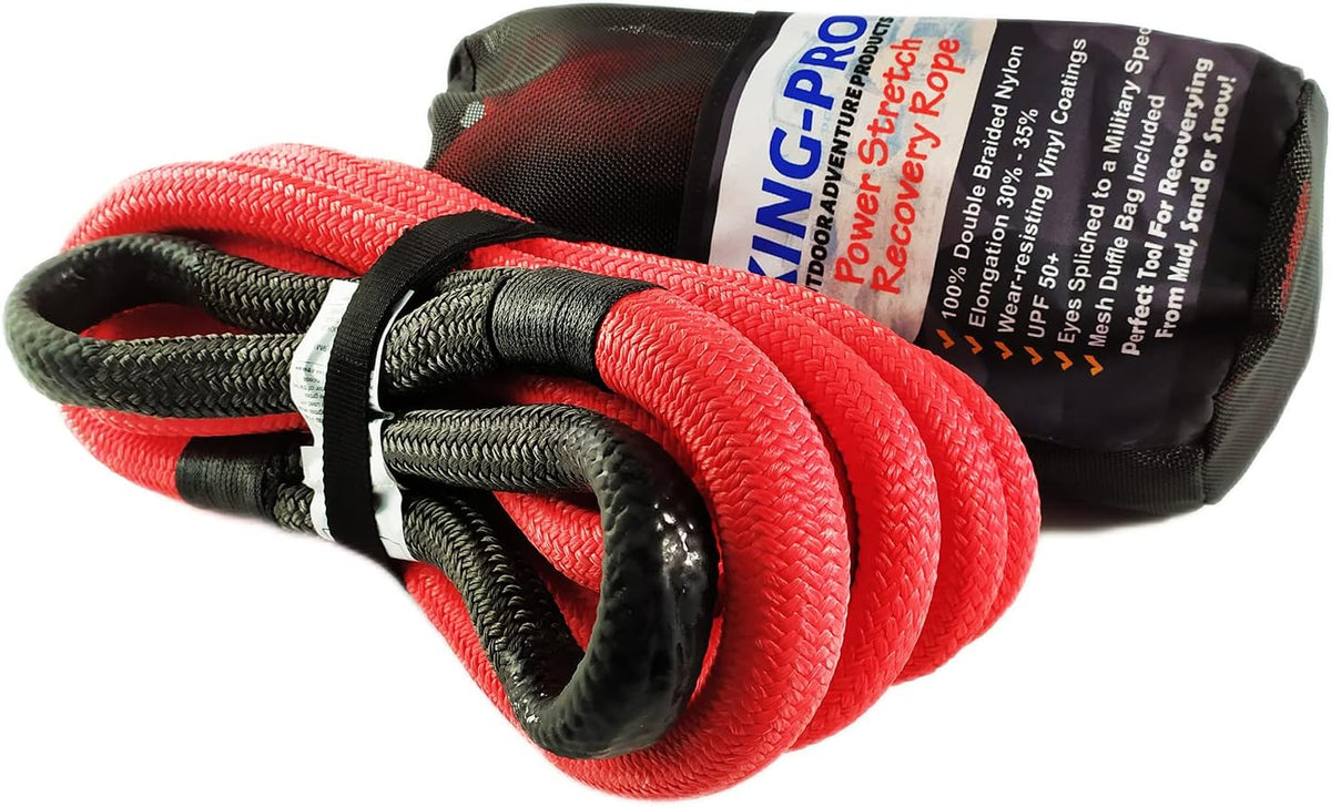 KING-PRO Kinetic Recovery Rope 7/8“x30' Towing Rope 30,000lbs Breaking Strength 100% Nylon Made Heavy Duty Offroad Snatch Strap 30% Elasticity for Full-Size Truck Large SUVs Offroad Vehicels (Red)