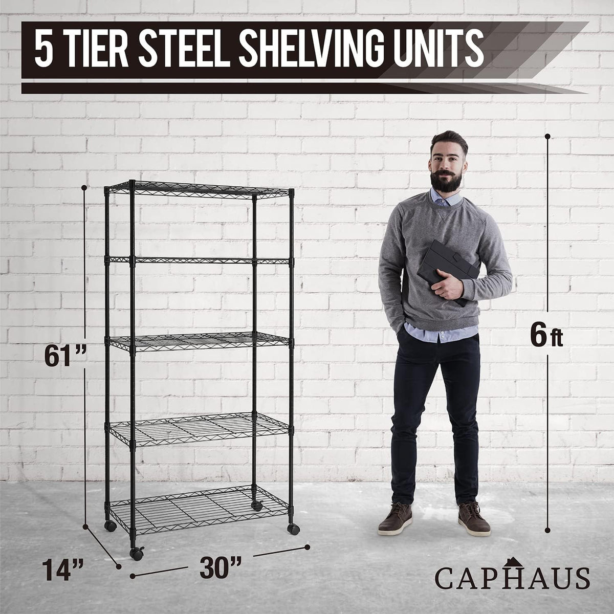 CAPHAUS 3/4/5-Tier Adjustable Height Wire Shelving Unit, Wire Rack Shelving, Metal Steel Storage Shelves, Garage Shelving Storage Organizer, Utility Storage Shelf, 5-Tier With Wheels, Black