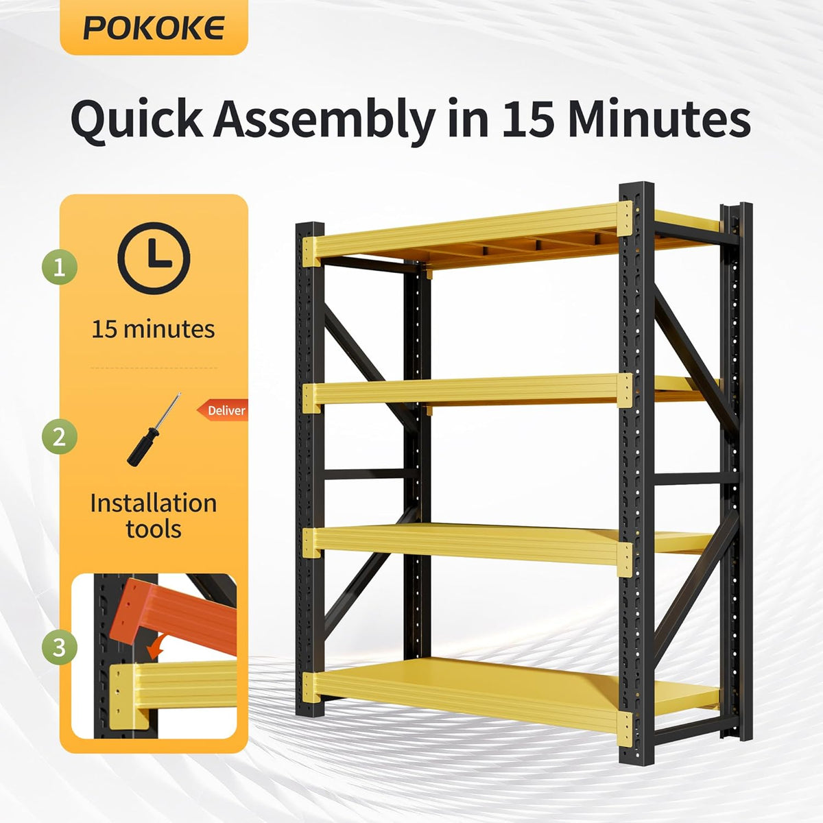 Garage Shelving Unit, 4 Tier Heavy Duty Racks, Easy Assembly, Metal Racks with Adjustable Shelves, 3000 LBS Load Capacity,for Warehouse,Basement (Black&Yellow, 23.6" D x 47.2" W x 78.7" H)