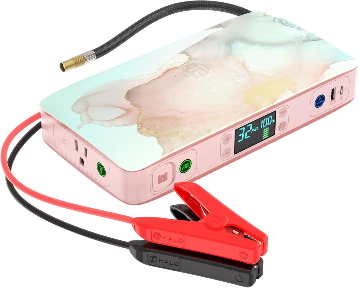 HALO Bolt Ultimate 2 Portable Car Battery Jump Starter | 130 PSI Air Compressor, 55.5Wh USB Power Bank with AC Outlet, Emergency Floodlight & Charger, Jumps Cars SUVs & Trucks, Inflates Tires — Rose