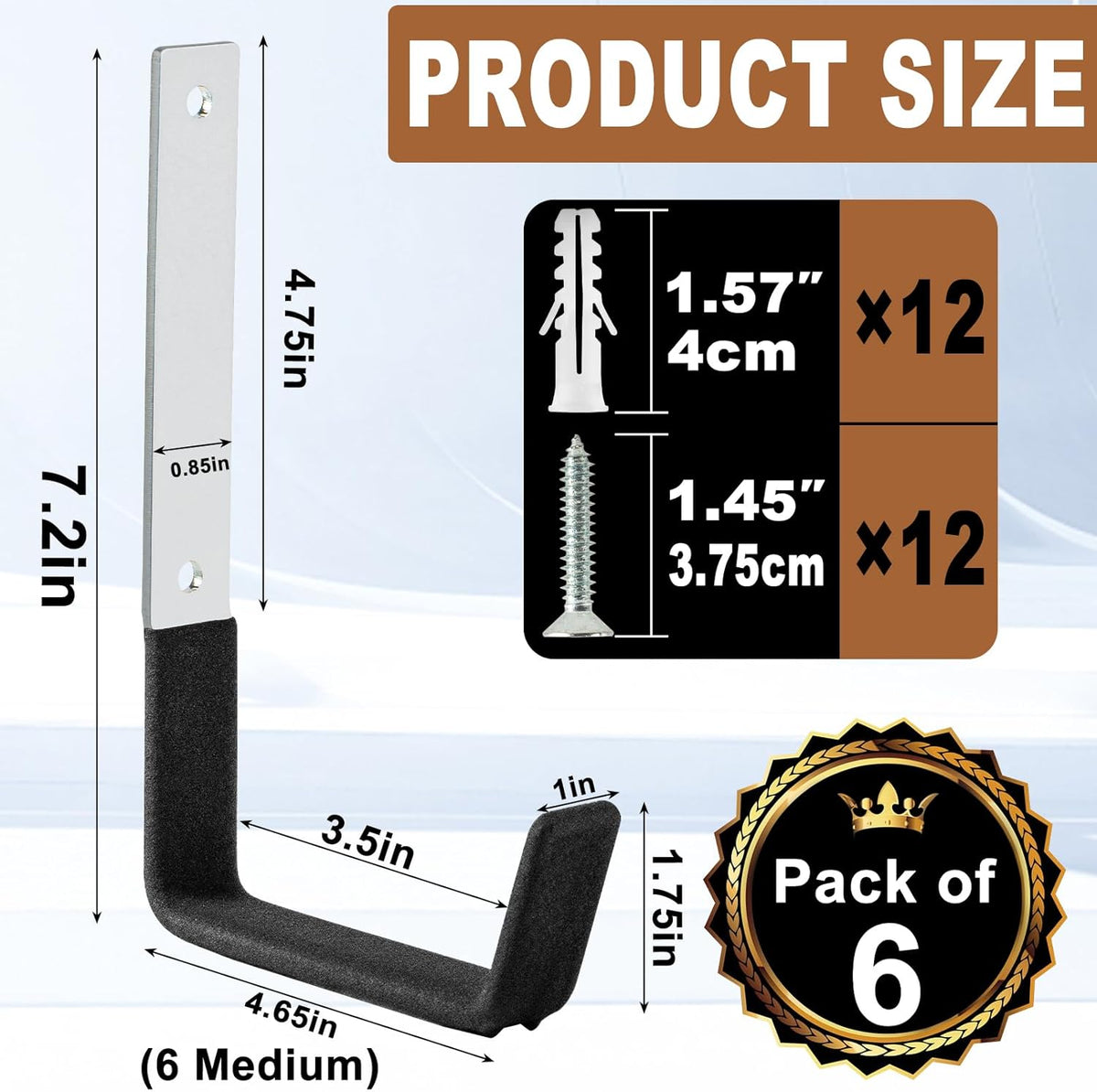 Heavy Duty Utility Hooks, 6 Pack Steel Wall Mounts for Storage, Ladder & Garden Tools (6 Medium)