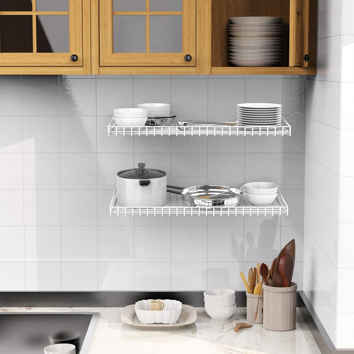 WALMANN Garage Wall Shelf, Wall-Mounted Storage Shelves for Garage, Closet, Laundry Room, Heavy Duty Wall Shelving, Holds Up to 65 Lbs(White, 4 Shelves)