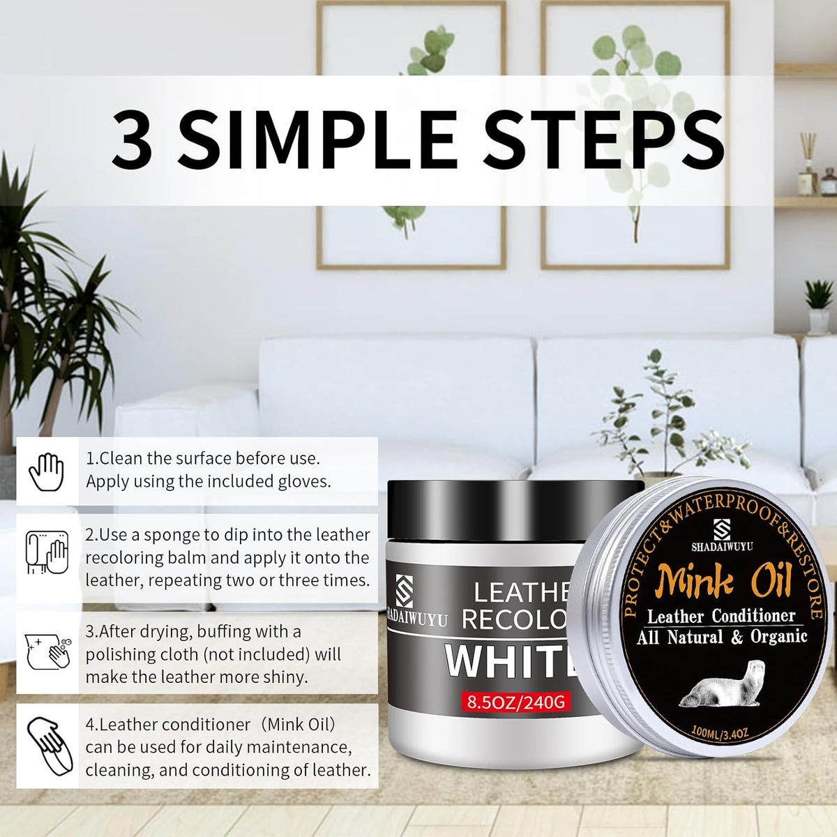 8.5oz Leather Recoloring Balm with 100ml Mink Oil,White Leather Repair kit for Furniture and Car Interior,Leather Couch Scratch Repair,Leather Dye Paint,Mink Oil for Leather