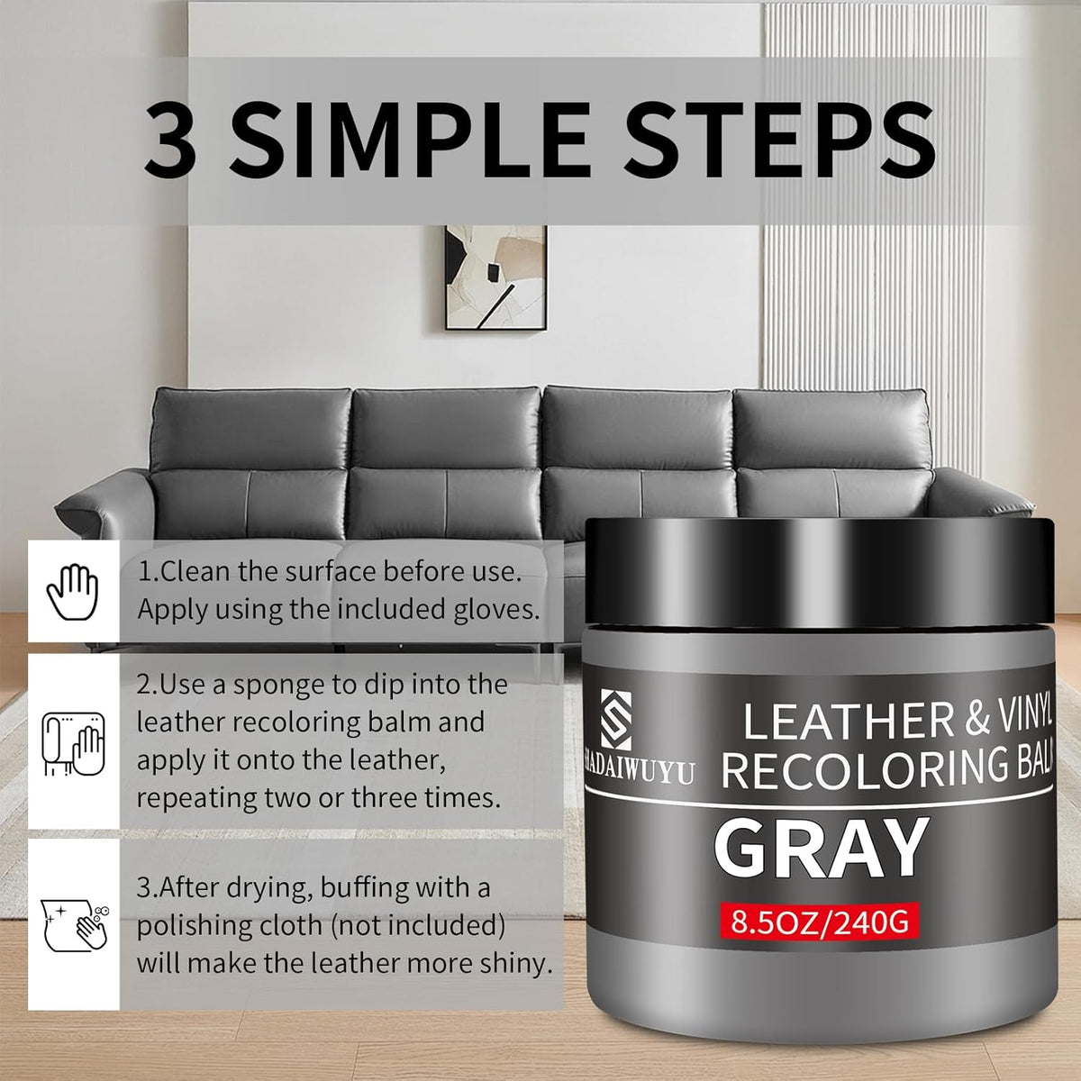 Leather Recoloring Balm,8.5oz Leather Color Restorer,Gray Leather Repair kit for Furniture and Car Interior,Leather Couch Scratch Repair,Leather Dye Paint for Faded,Cracked and Damaged Leather
