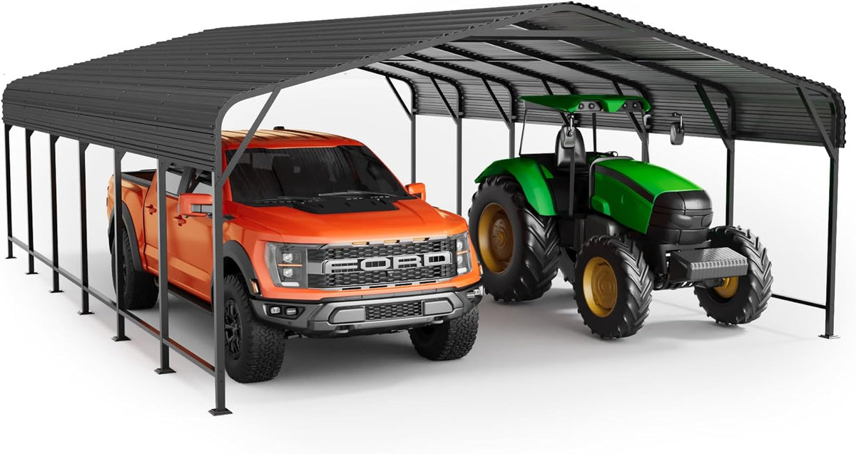 20x30 FT Metal Carport, Enhanced Base and Steel Roof for All-Weather Use, Outdoor Heavy Duty Garage Galvanized Car Shelter for Bass Boats, Full-Sized Pickup Trucks, and Tractors