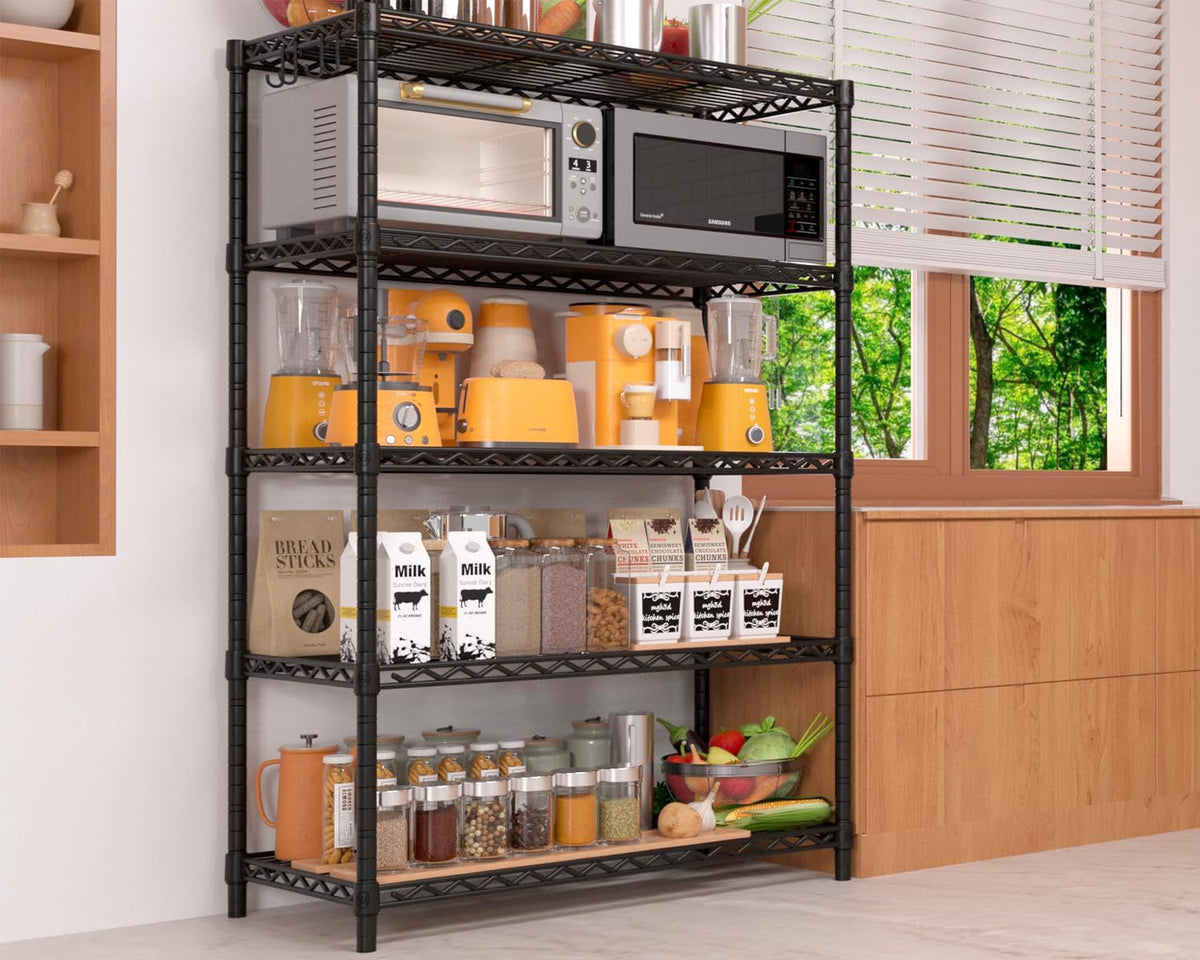 PrimeZone Wire Metal Storage Shelves - 5 Tier Adjustable NSF Certified Heavy Duty Garage Shelving Unit Organizer Rack, Steel Utility Shelf for Kitchen, Pantry, 35.5" W x 14" D x 72" H, Black, 4 Packs