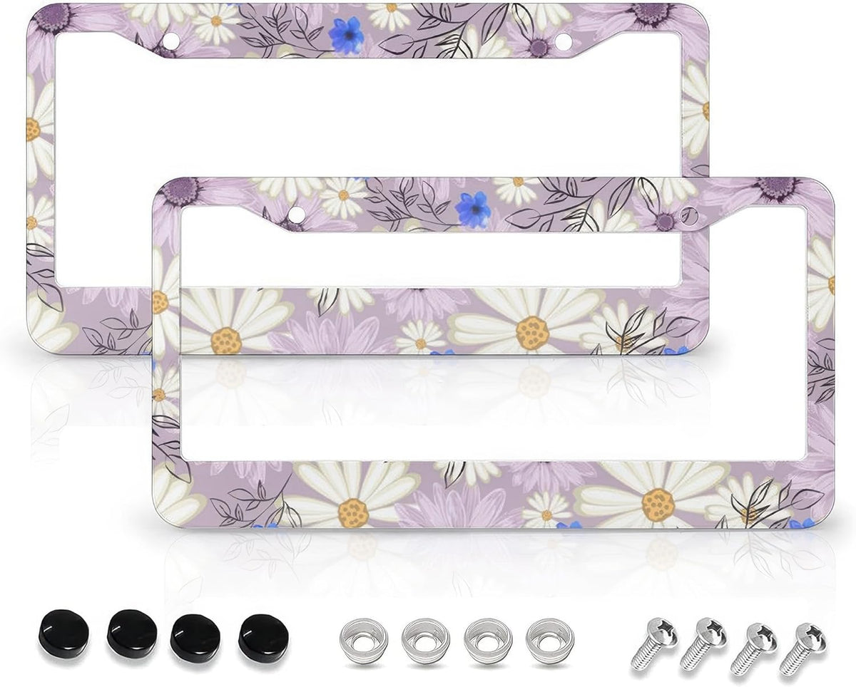 Flowers Daisy License Plate Frames - 2 Pcs Set 2 Holes Metal Aluminum Auto Car Accessories Decoration License Plate Frame 12.2 x 6.3 inch for Women Men Gift
