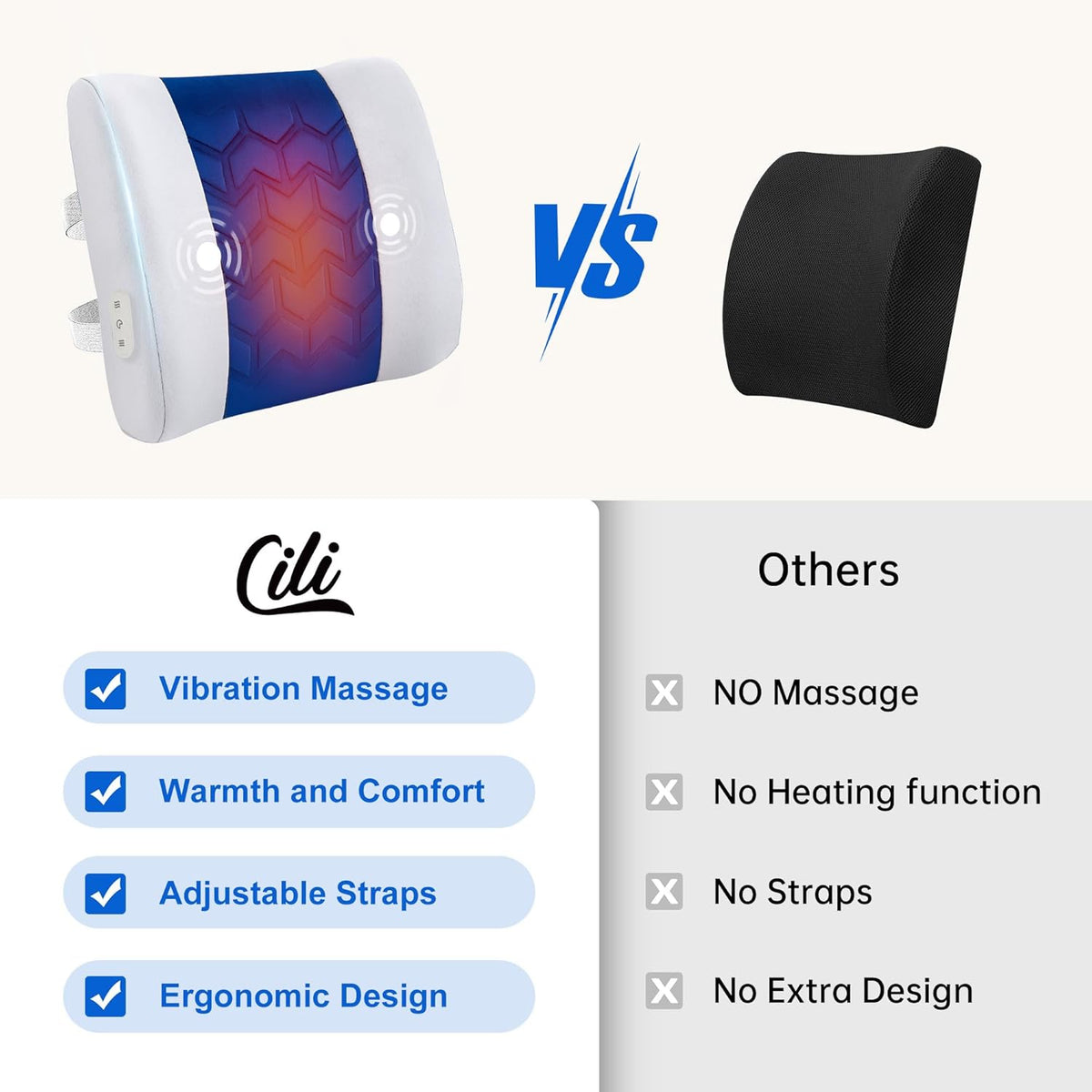 CILI Lumbar Support Pillow for Office Chair, Heated Back Support with Vibration, Back Massager for Chair, Rest Cushion Pillow for Desk Chair Sofa, Gifts for Mom Dad Women Men(Blue)