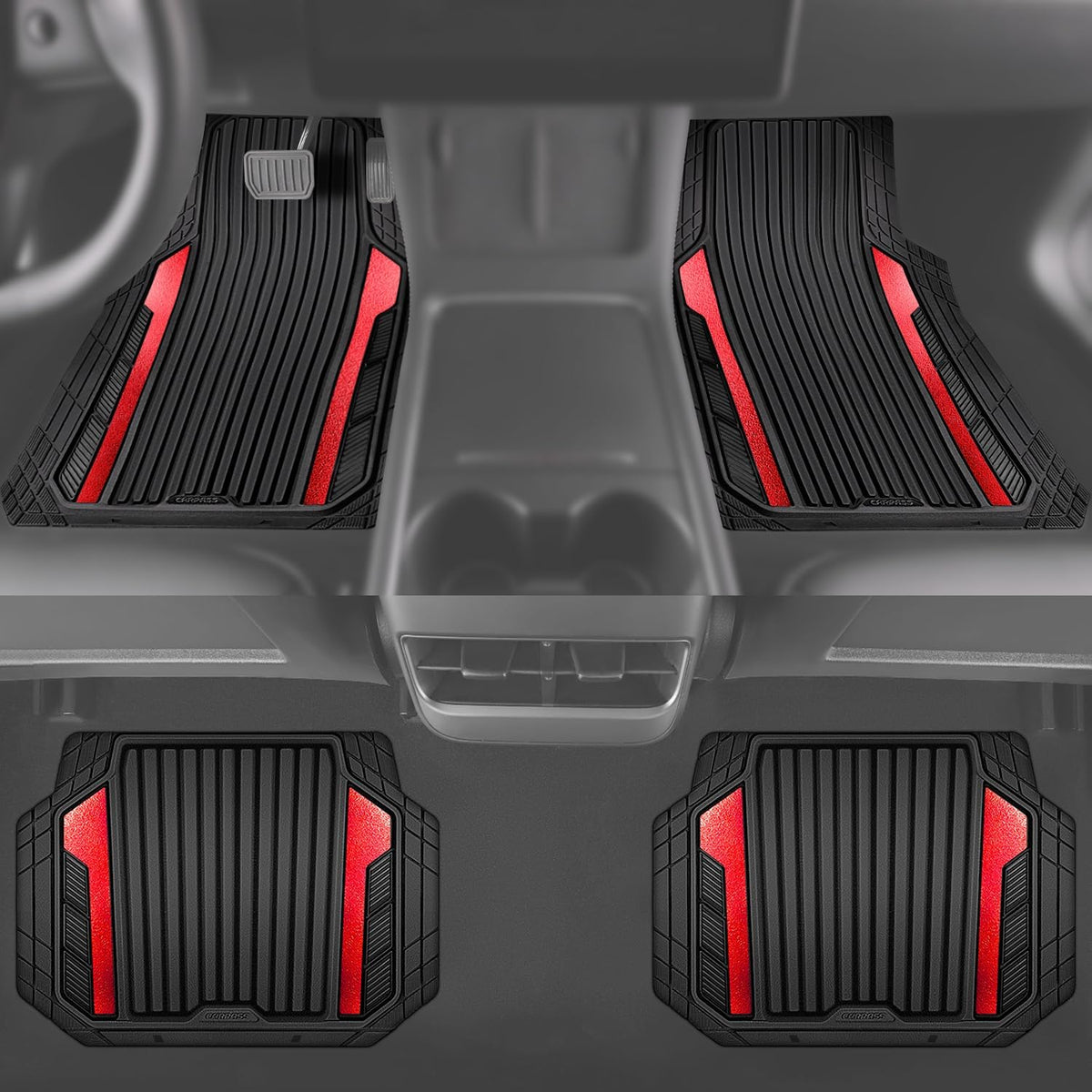 CAR PASS Heavy Duty Rubber Car Mats Metallic S~L Size, Aluminum Film All Weather Floor Mats Waterproof Universal Trim to Fit SUV Sedan Van Truck 4 Piece Deep Dish Two-Tone Sporty Black Red Chrome