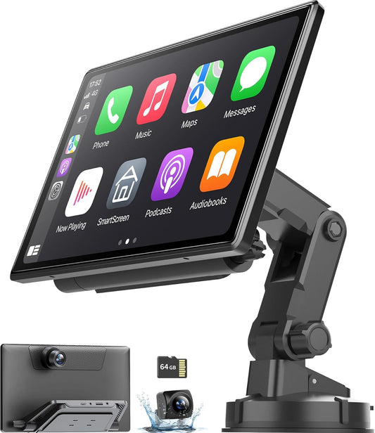 Wireless Portable Carplay Screen with 4K Dash Cam, Android Auto, 9'' Auto-Dimming Screen with Strongest Suction Mount, GPS Navigation for Car, 1080P Backup Camera, Loop Recording