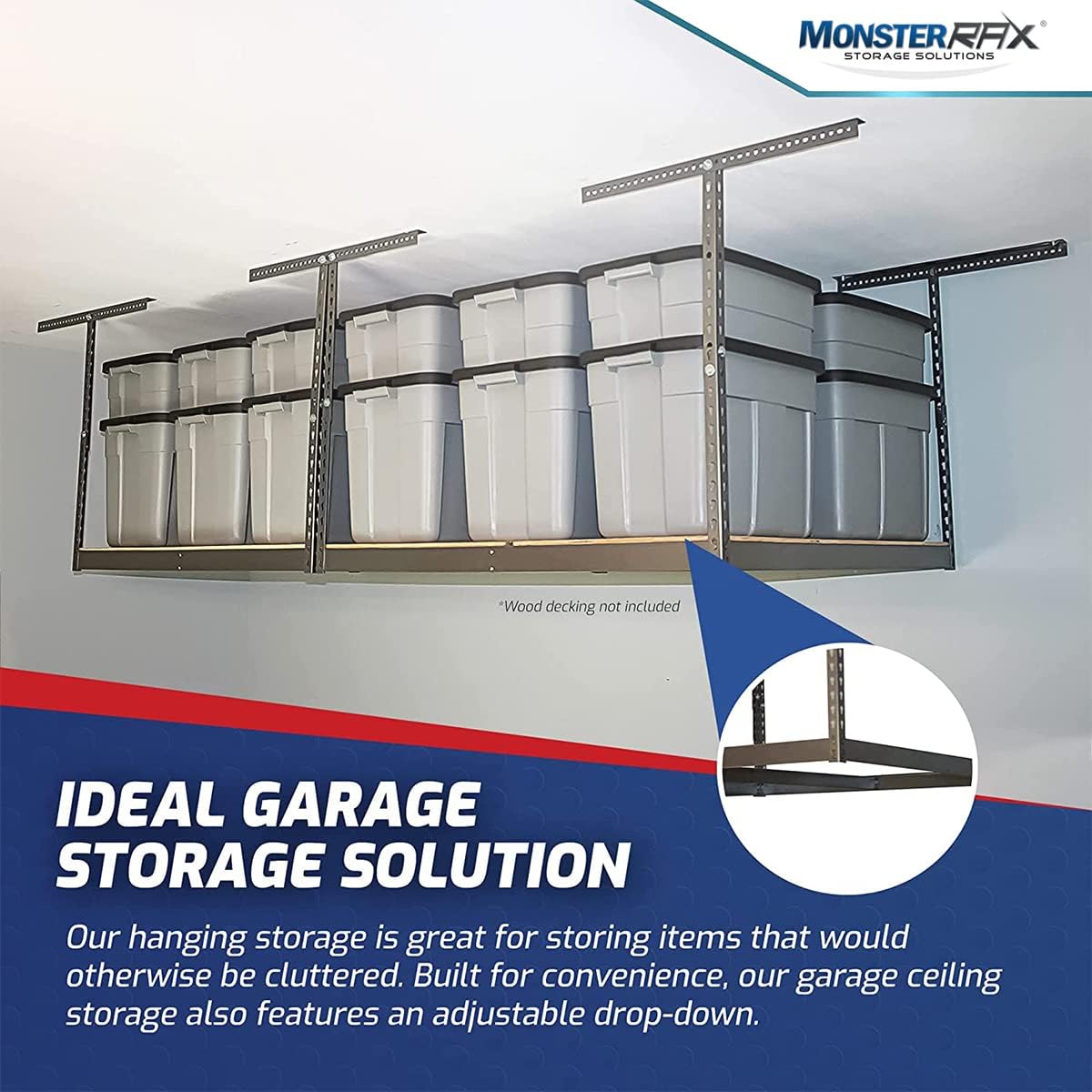 MonsterRax 4x8 Overhead Garage Storage Rack Frame Kit - Hanging Storage Shelves, Ceiling Storage Rack System, Overhead Garage Organizers And Storage, Ceiling Shelving - (Hammertone, 12"-21")