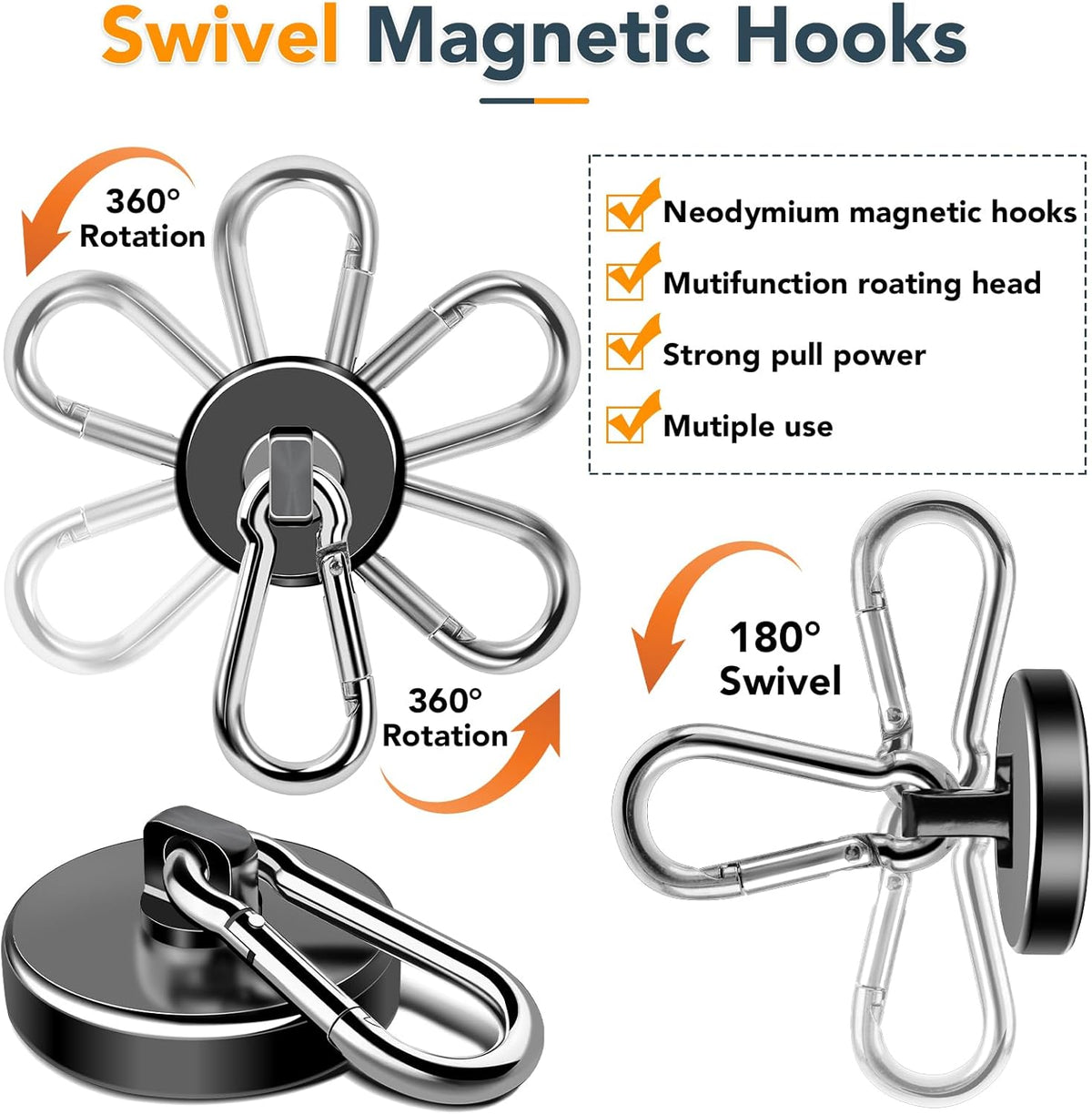 MIKEDE Magnetic Hooks Heavy Duty, 200LBS+ Powerful Magnetic Hooks Cruise, Super Strong Swivel Magnet Hooks Neodymium Magnets with Carabiner Hook for Hanging, Workplace - 2 Pack